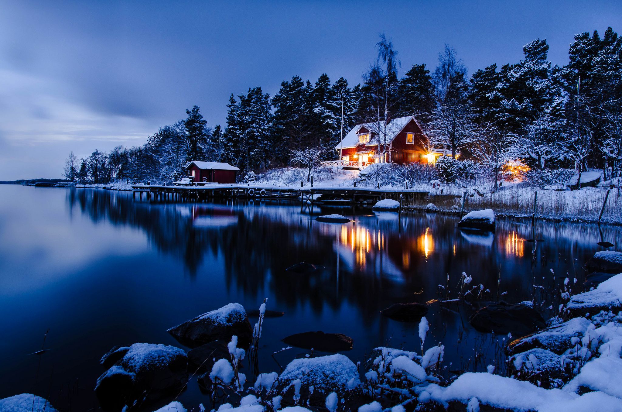 Image Nature Winter Snow Coast Rivers Houses Seasons 2048x1356