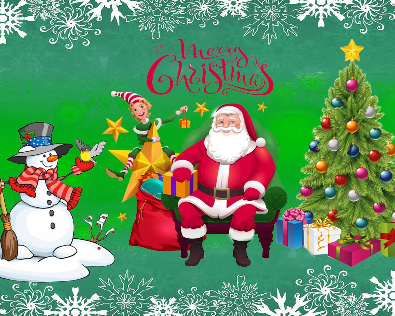 Merry Christmas Santa With Gift Christmas Tree With Decorations Snowman Wallpaper HD, Wallpaper13.com