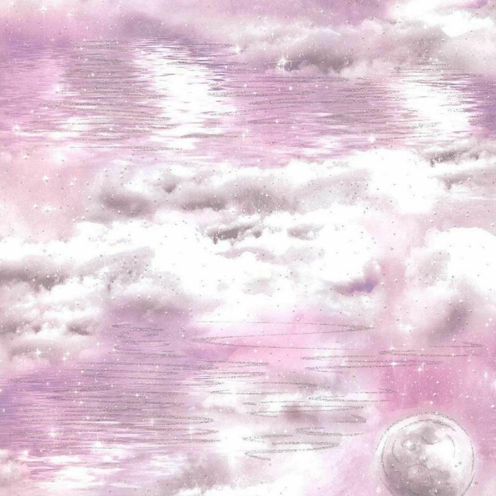 Arthouse Watery Skies Pink Wallpaper Glitter Shimmer Moon Stars Clouds 692501