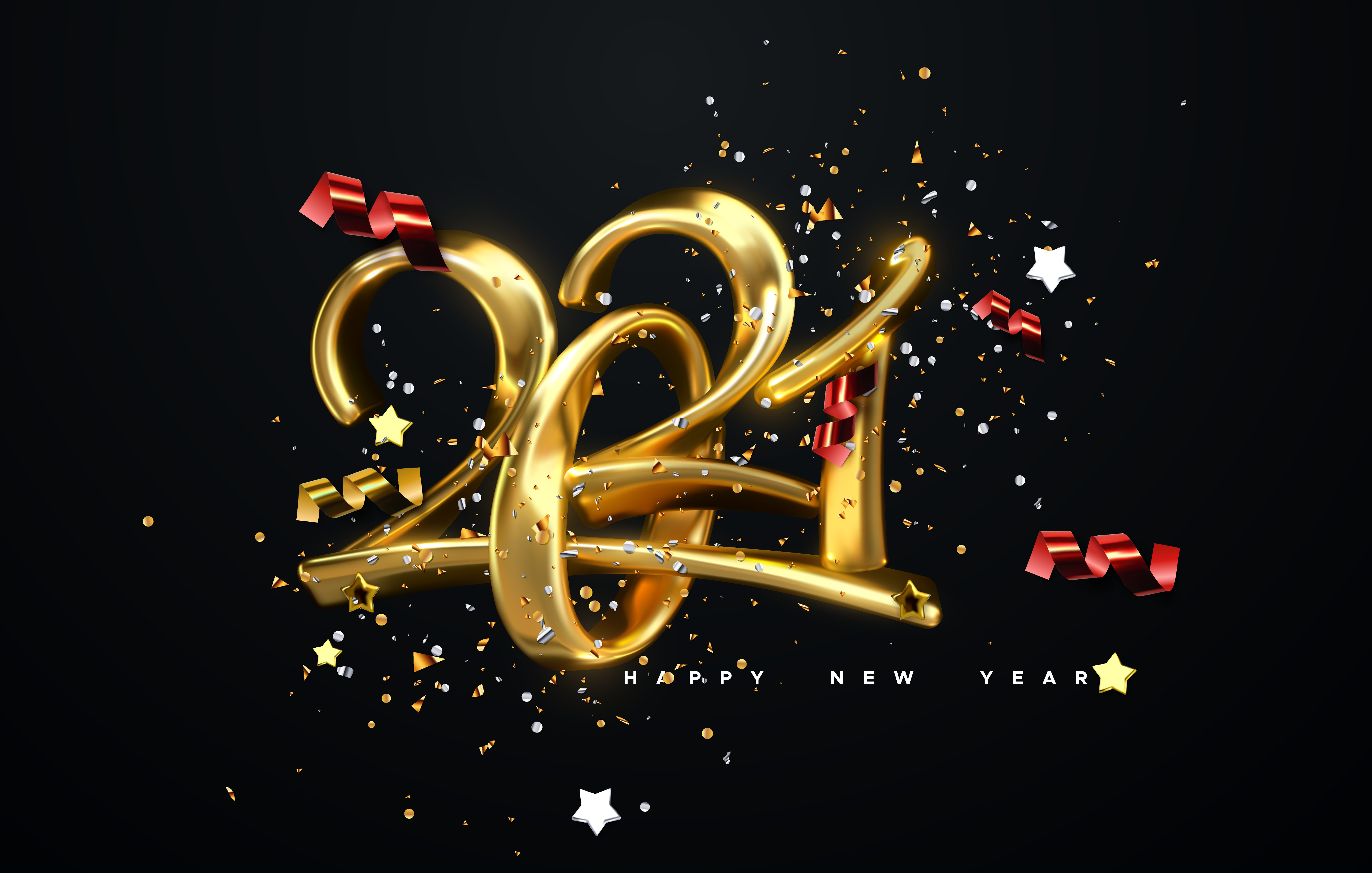 New Year 4K Wallpaper, Golden Letters, Calligraphic, Ribbons, Happy New Year, Party Confetti, Celebrations New Year