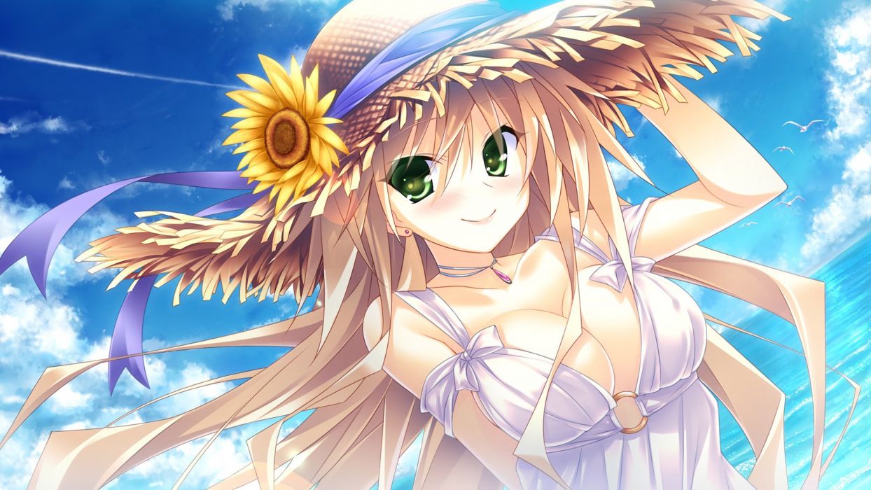 Anime girl blonde hair green eyes with sunflower hat wallpaperx1080