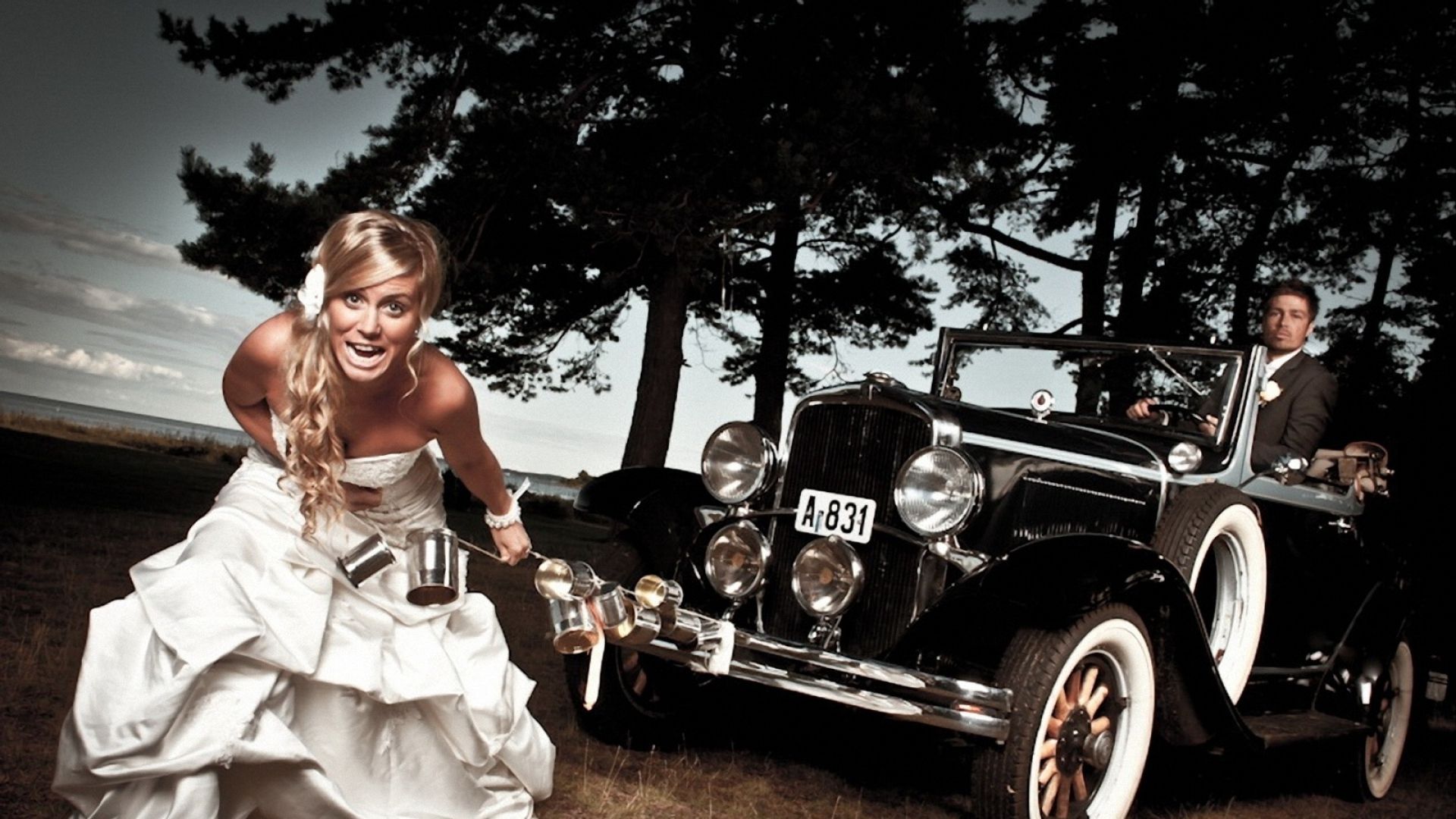 Download 1920x1080 HD Wallpaper wedding retro car bride breakdown forest, Desktop Background HD