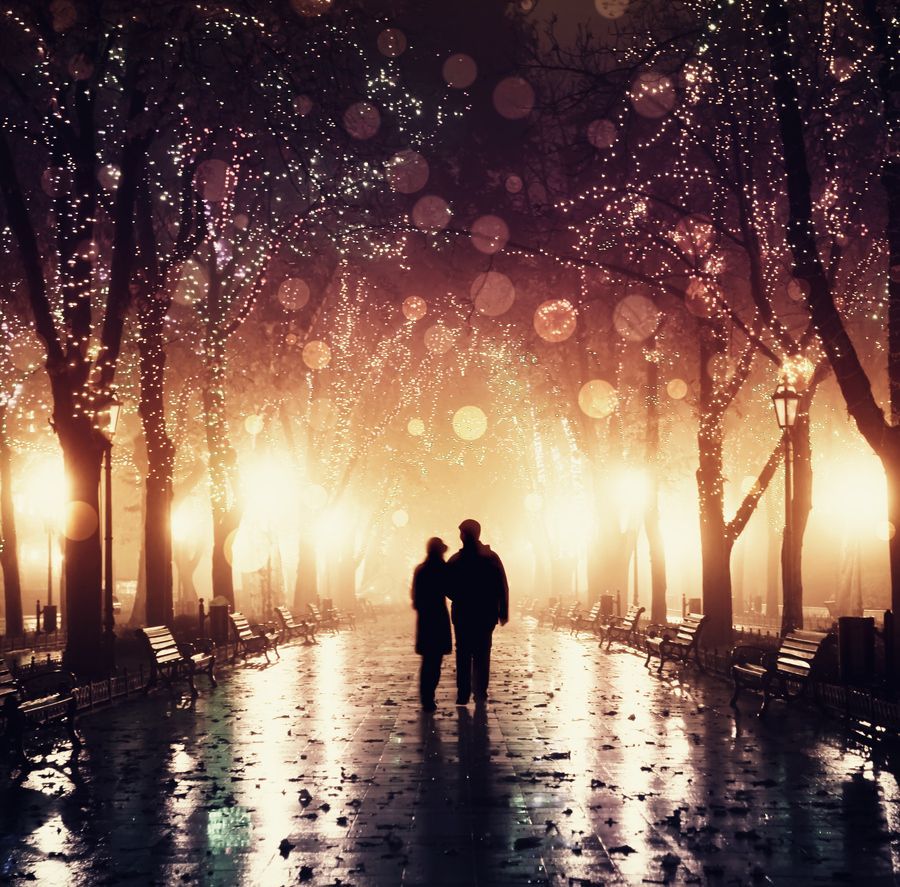 Couple walking at alley in night lights. Photo in vintage style. by Vladimir Nikulin / Masson. Story ideas picture, Fall picture, Great photographers
