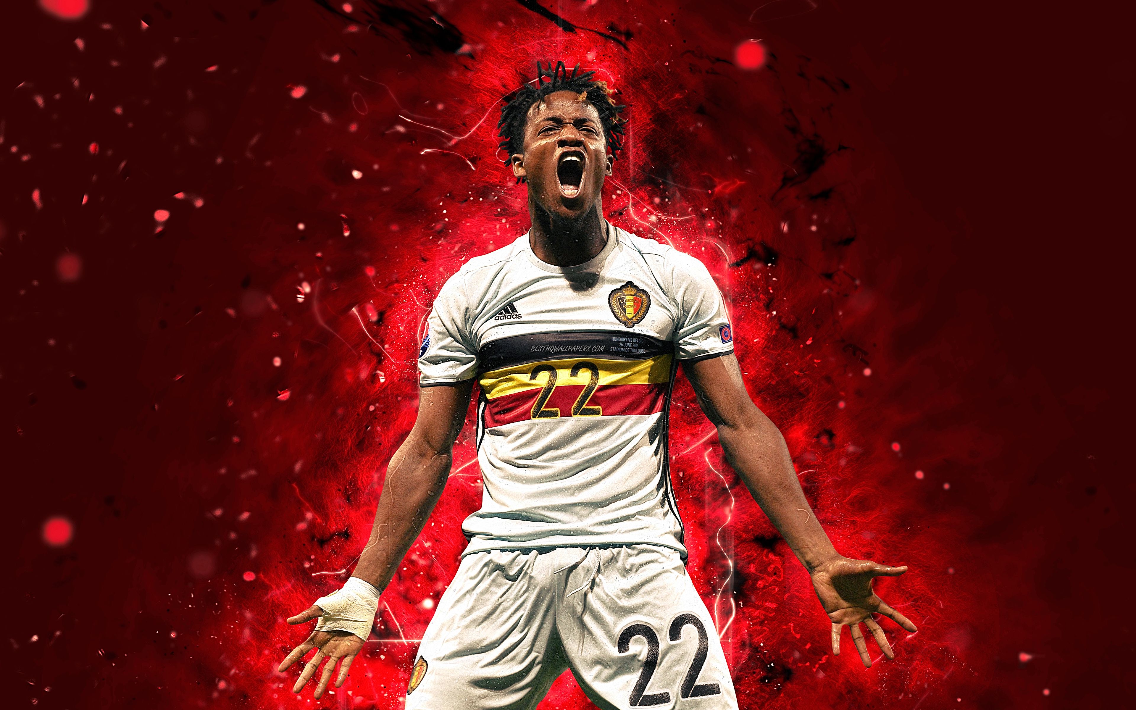 Download wallpaper 4k, Michy Batshuayi, abstract art, Belgium National Team, fan art, Batshuayi, soccer, footballers, neon lights, Belgian football team for desktop with resolution 3840x2400. High Quality HD picture wallpaper