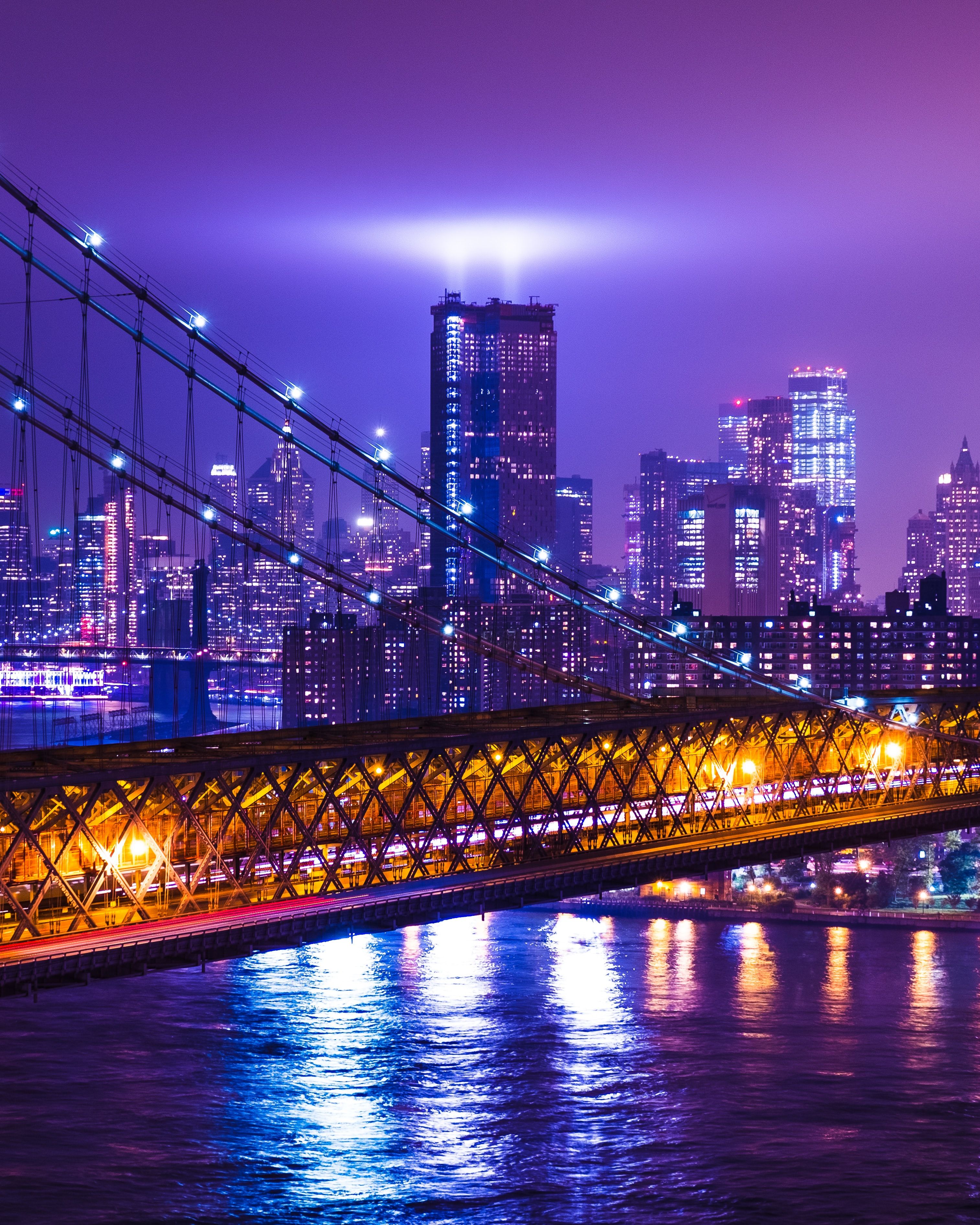 New York City 4K Wallpaper, Night, Cityscape, Purple, City lights, Suspension bridge, Buildings, USA, World