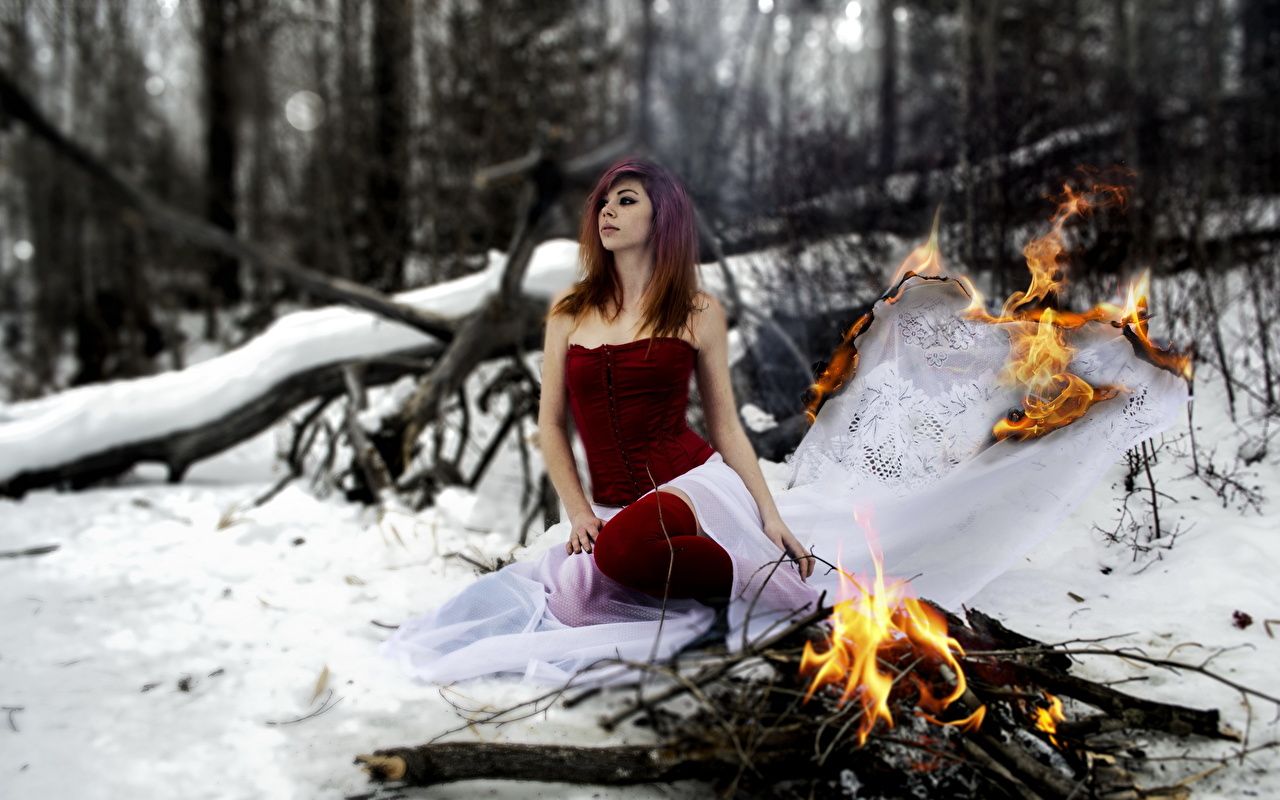 Desktop Wallpaper surrealism Winter young woman flame Dress