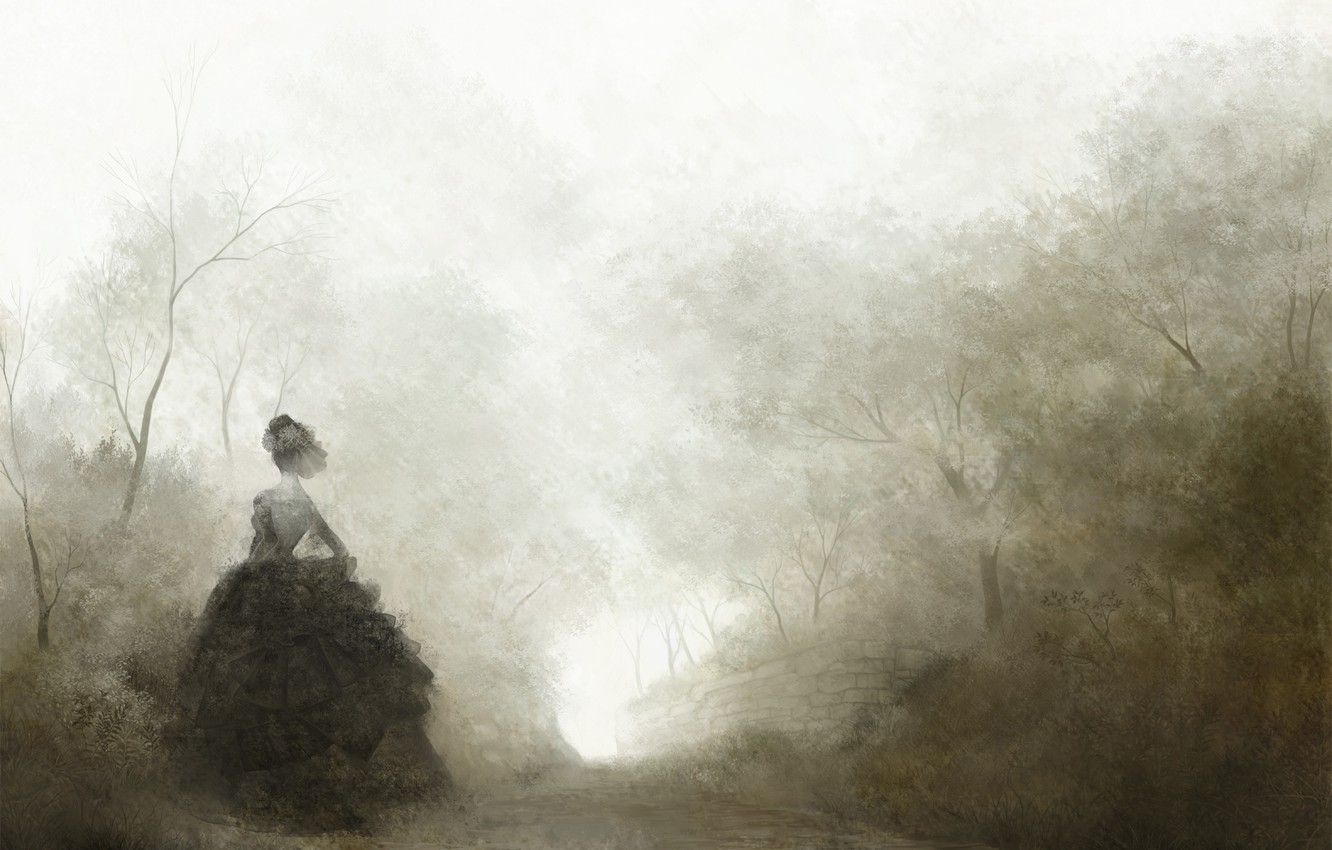 Wallpaper road, trees, fog, loneliness, Girl, black, lady, Quinceanera dresses image for desktop, section стиль