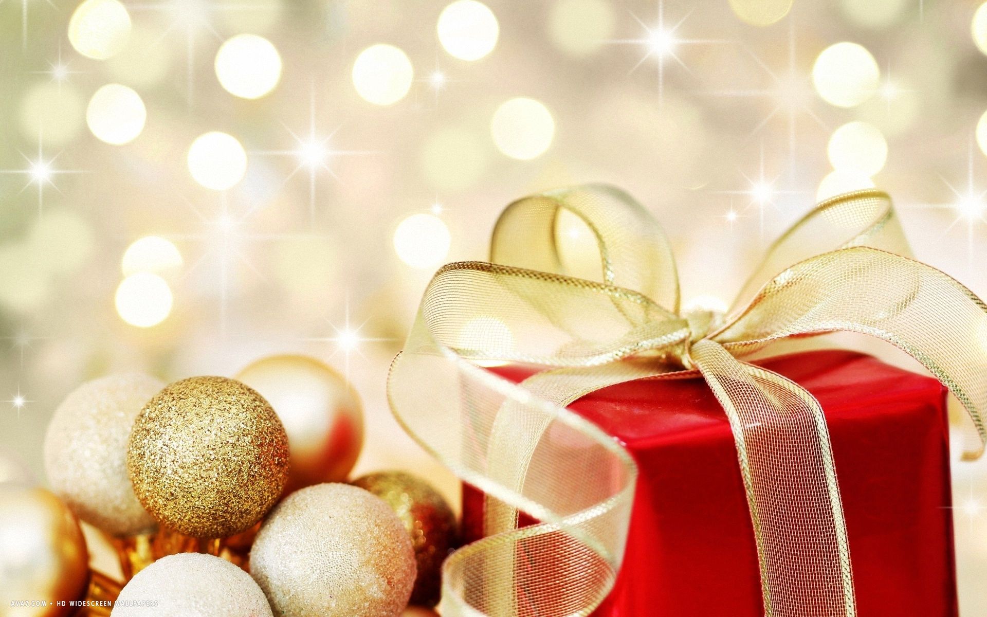 golden christmas ornaments bokeh red present holiday HD widescreen wallpaper / holidays background