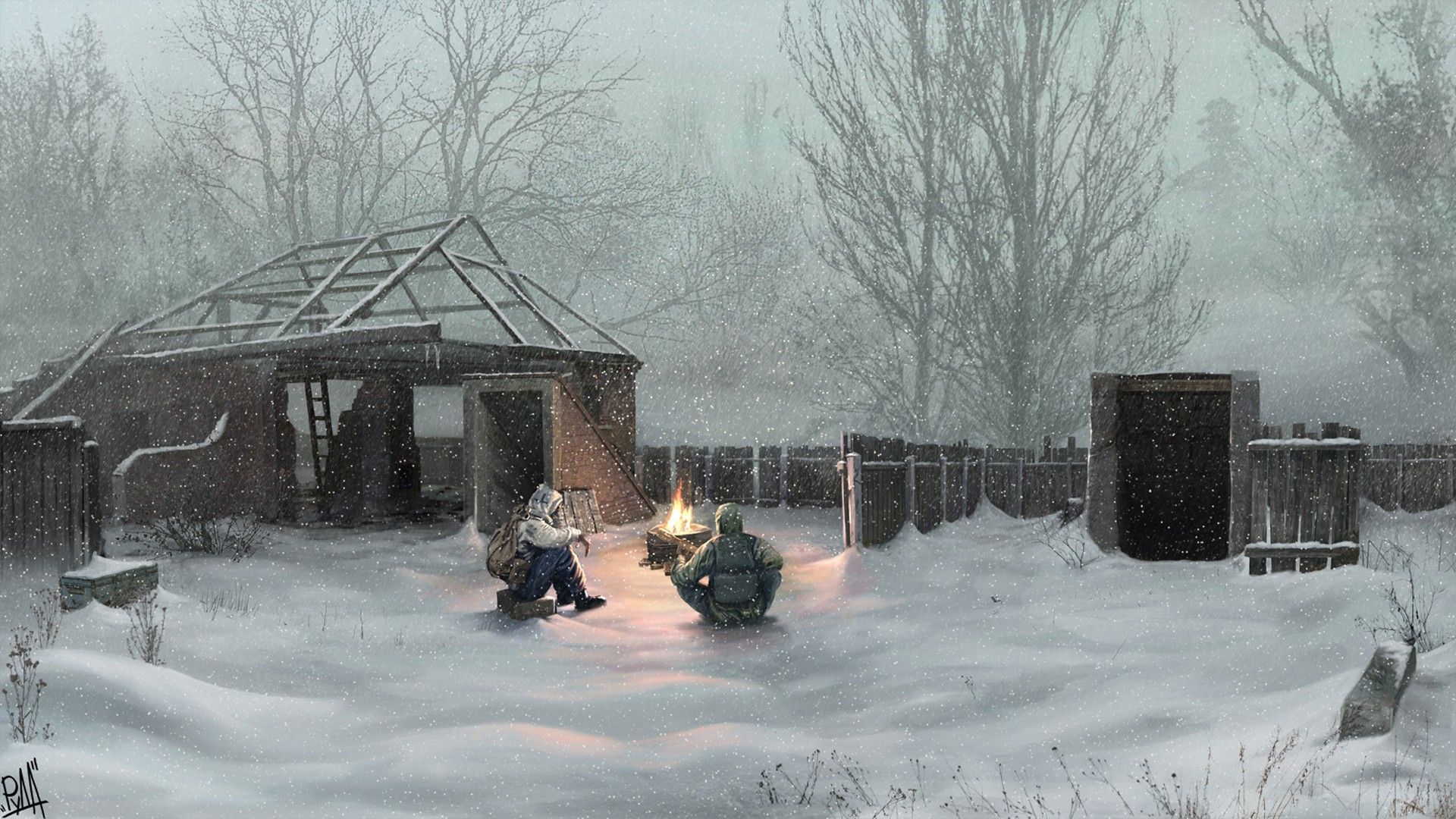 Video games winter snow S_T_A_L_K_E_R_ fences houses Pripyat Chernobyl artwork villages wallpaperx1080