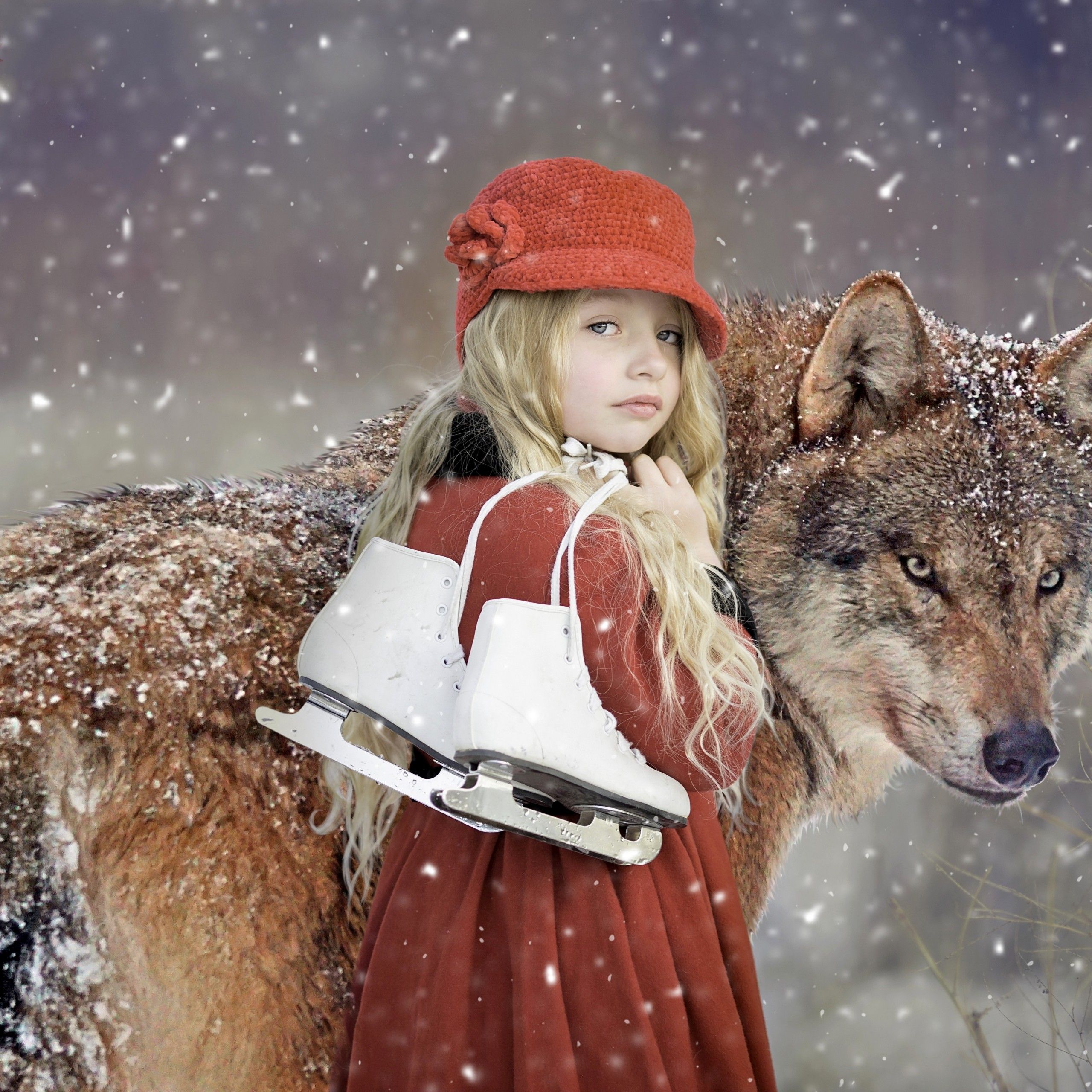 Cute girl 4K Wallpaper, Wolf, Snowfall, Winter, Pet, 5K, Fantasy