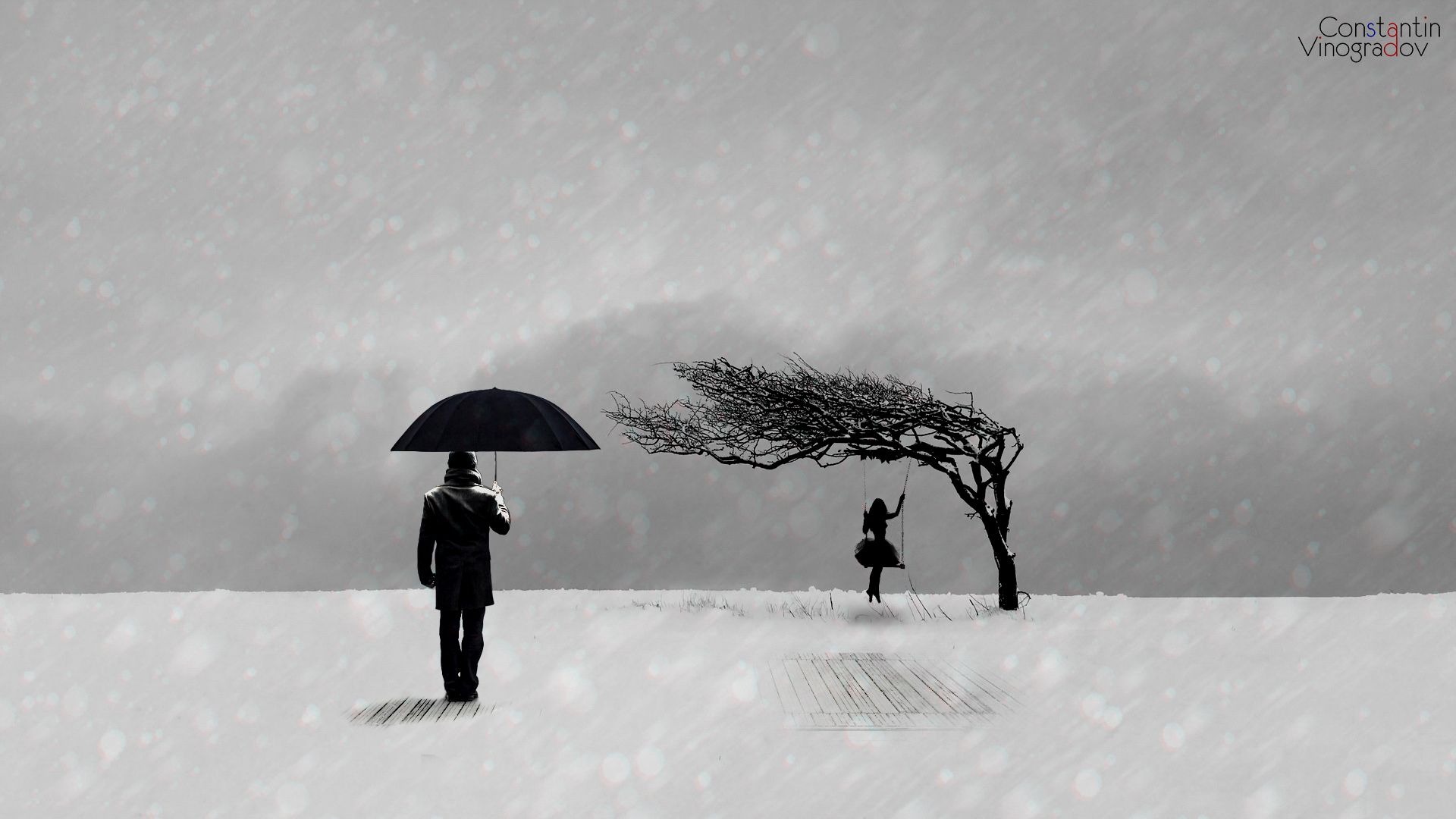 Download wallpaper winter, sadness, girl, mood, minimalism, black and white, guy, section minimalism in resolution 1920x1080