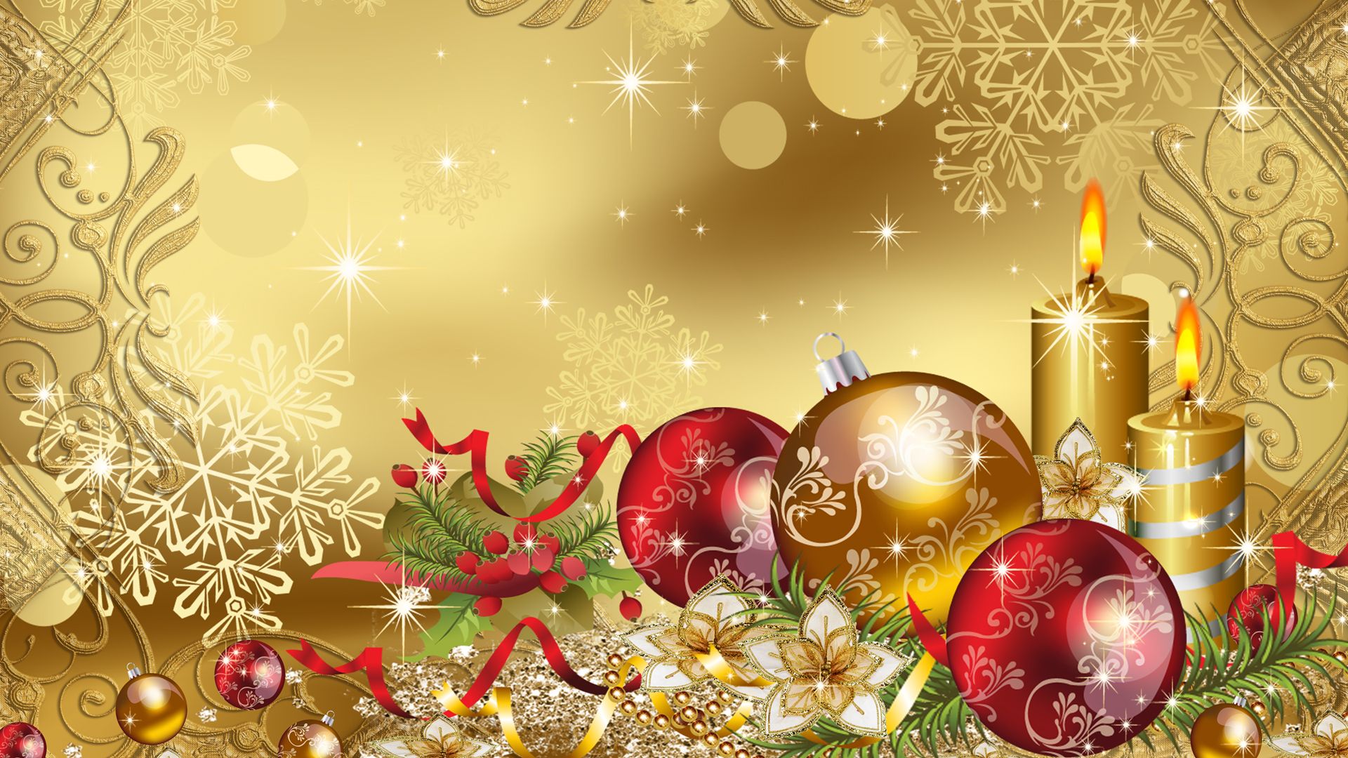 Happy Christmas Golden Balls Gifts Candles HD Wallpaper
