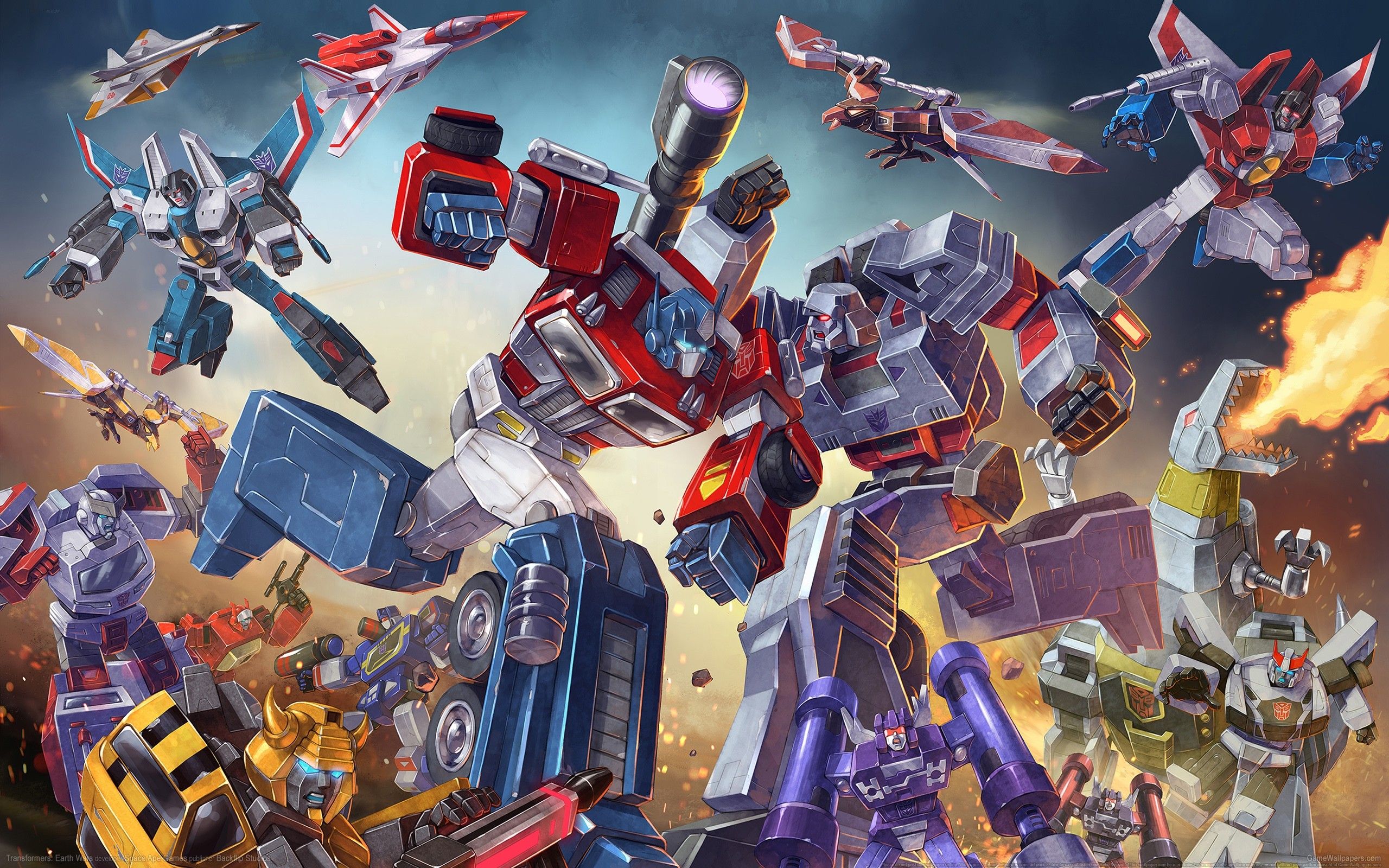 Transformers G1 Optimus Prime Bumblebee Megatron Battle Wallpaper:2560x1600