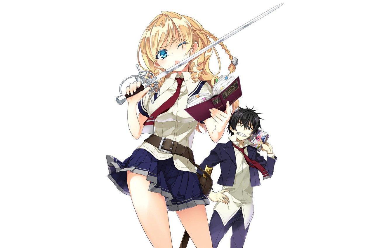 Wallpaper girl, sword, anime, katana, ken, blade, book, mask, seifuku, Armed Girl's Machiavellism, Busou Shoujo Machiavellianism image for desktop, section сёнэн