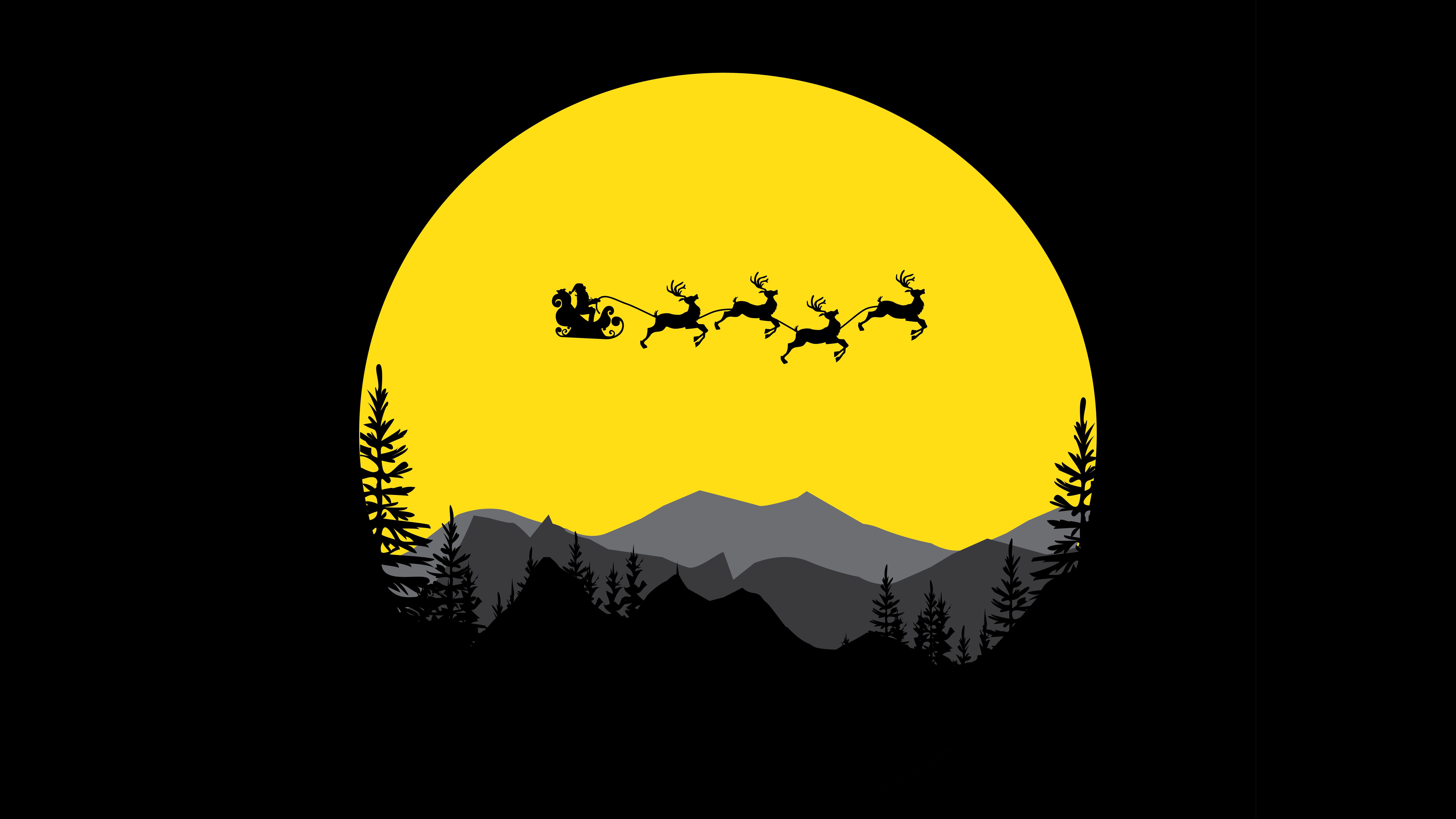 Santa Claus Moon Reindeer chariot Minimal Black 4K 8K Wallpaper