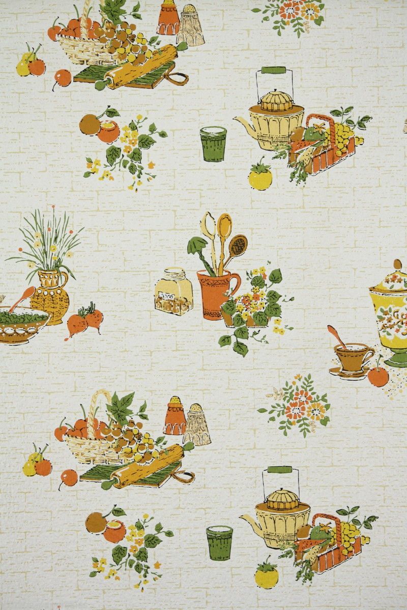 1960s Vintage Wallpaper Kitchen Pattern with baskets of fruit and tea pots. Vintage wallpaper, Kitchen wallpaper, 1960s kitchen wallpaper