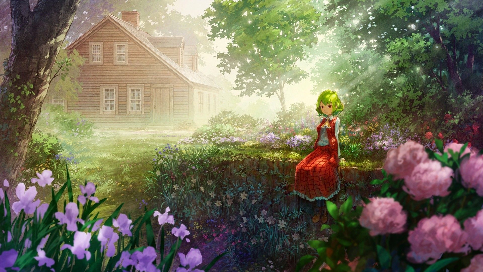 Download 1920x1080 Kazami Yuuka, Touhou, Green Hair, Forest, Flowers, House, Dress, Trees, Anime Landscape Wallpaper for Widescreen