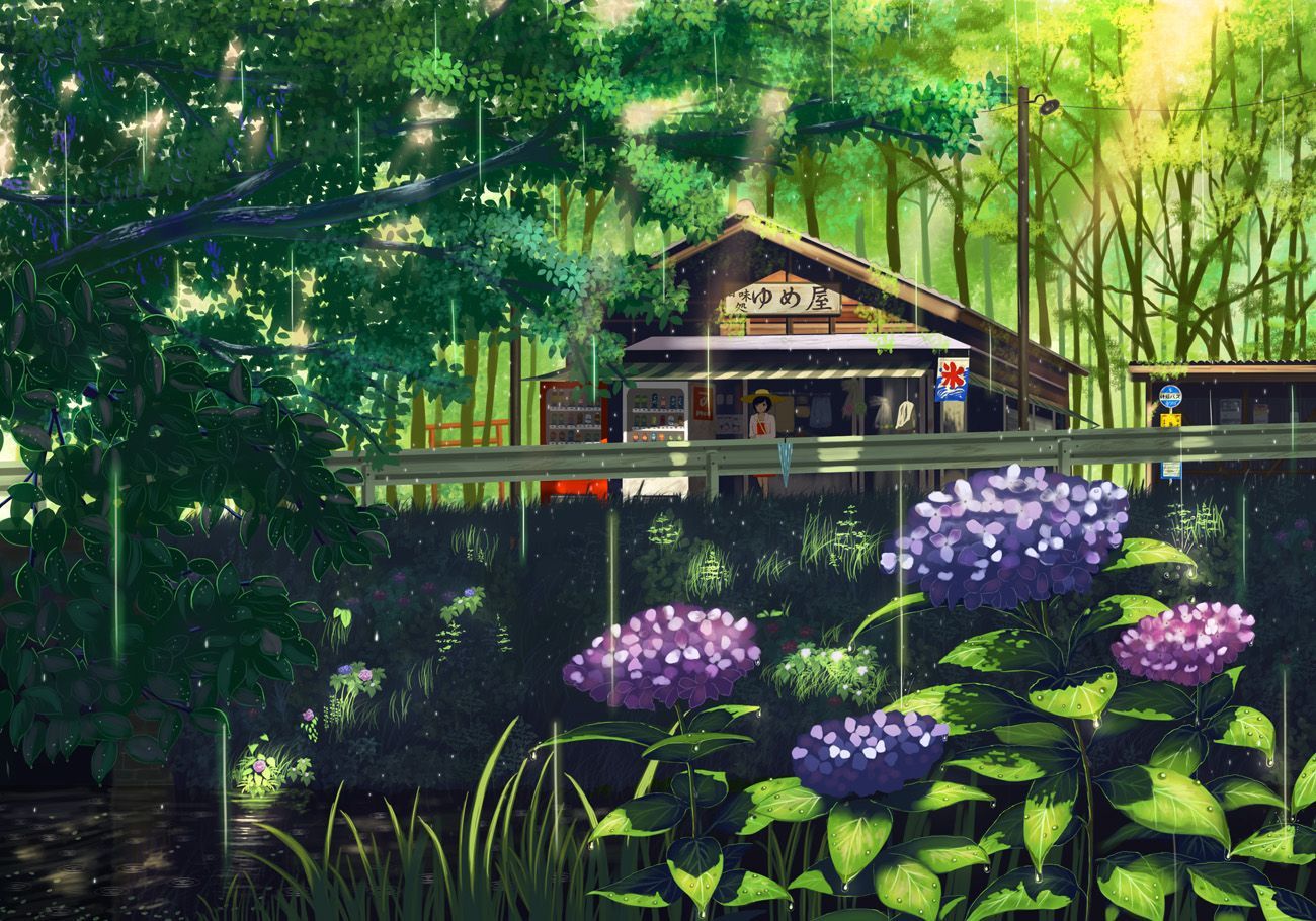black hair flowers forest hat nauimusuka original rain scenic short hair tree umbrella water. konachan. Anime scenery wallpaper, Anime scenery, Scenery wallpaper