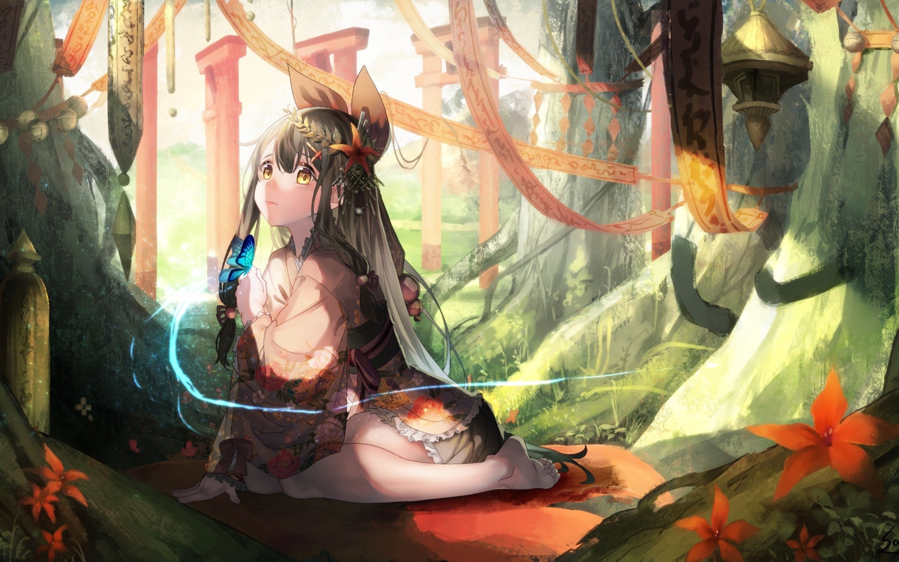 Download 2880x1800 Anime Girl, Kimono, Forest, Flower, Shrine, Blue Butterfly Wallpaper for MacBook Pro 15 inch
