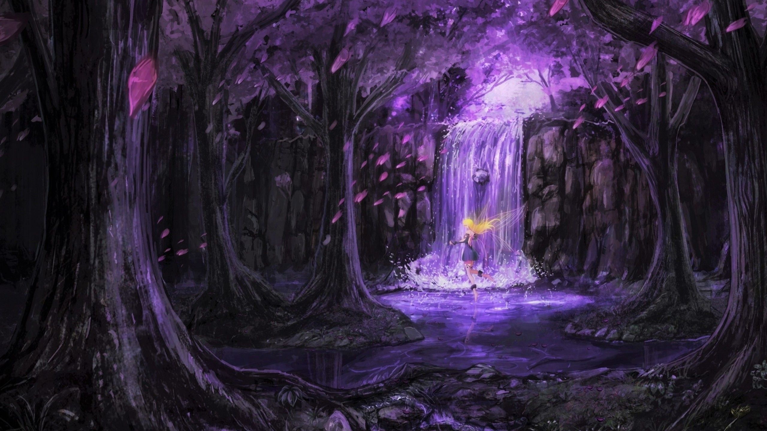Purple Forest, Scenic, Fairy, Anime Girl, Waterfall, Enchanted Fairy Forest