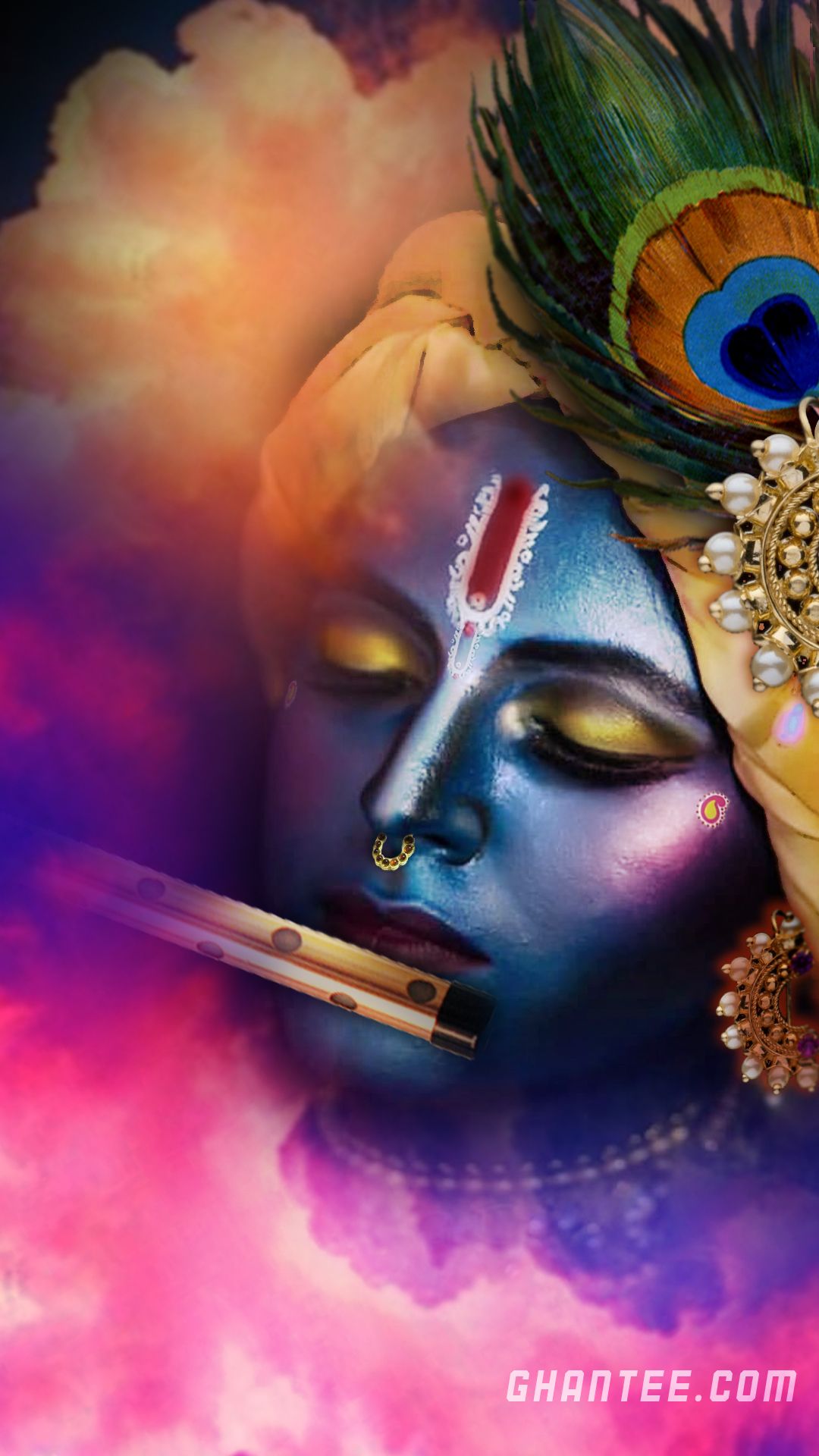 lord krishna with flute soothing phone wallpaper