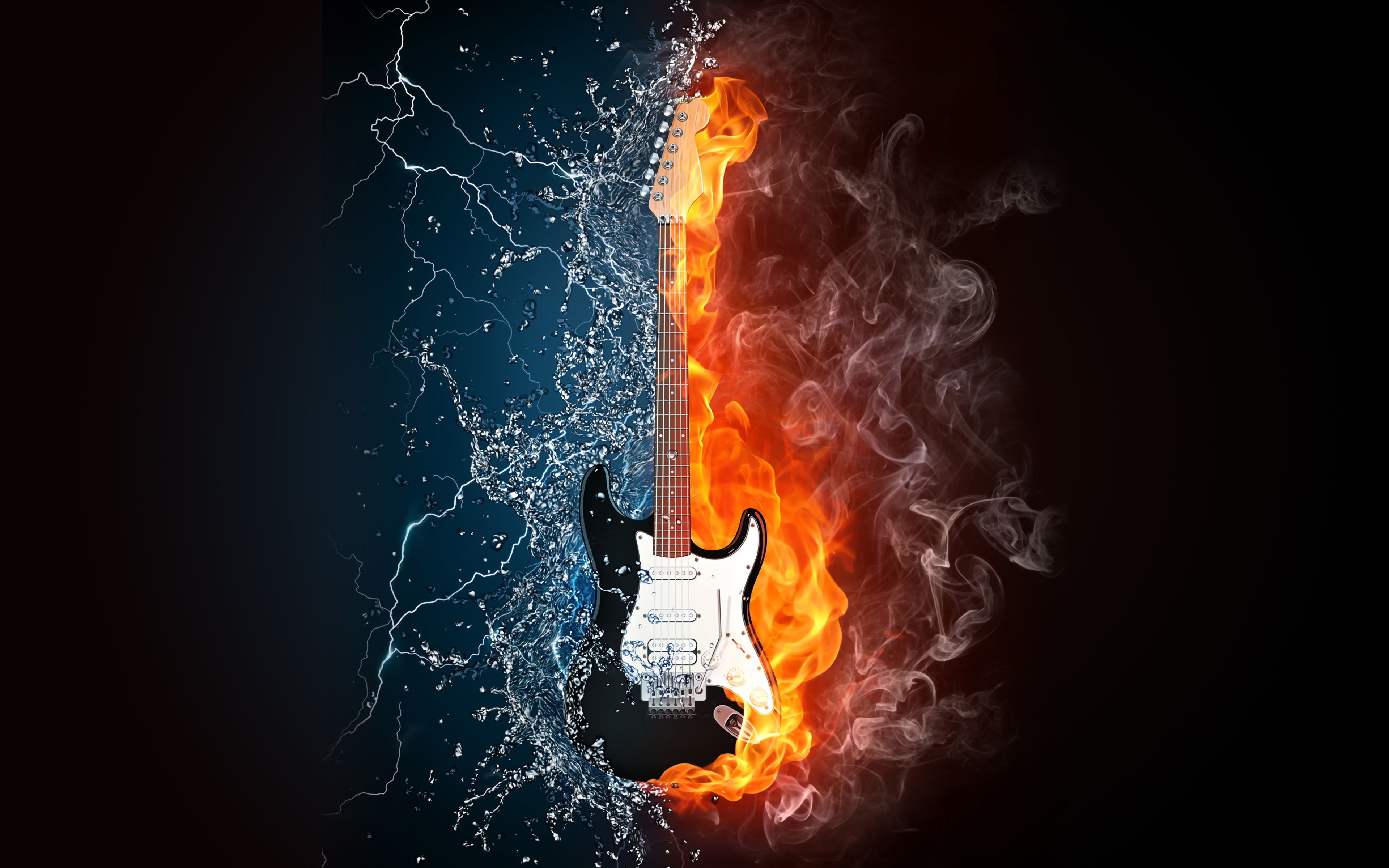 Water Fire Guitar Creative 4K Wallpaper