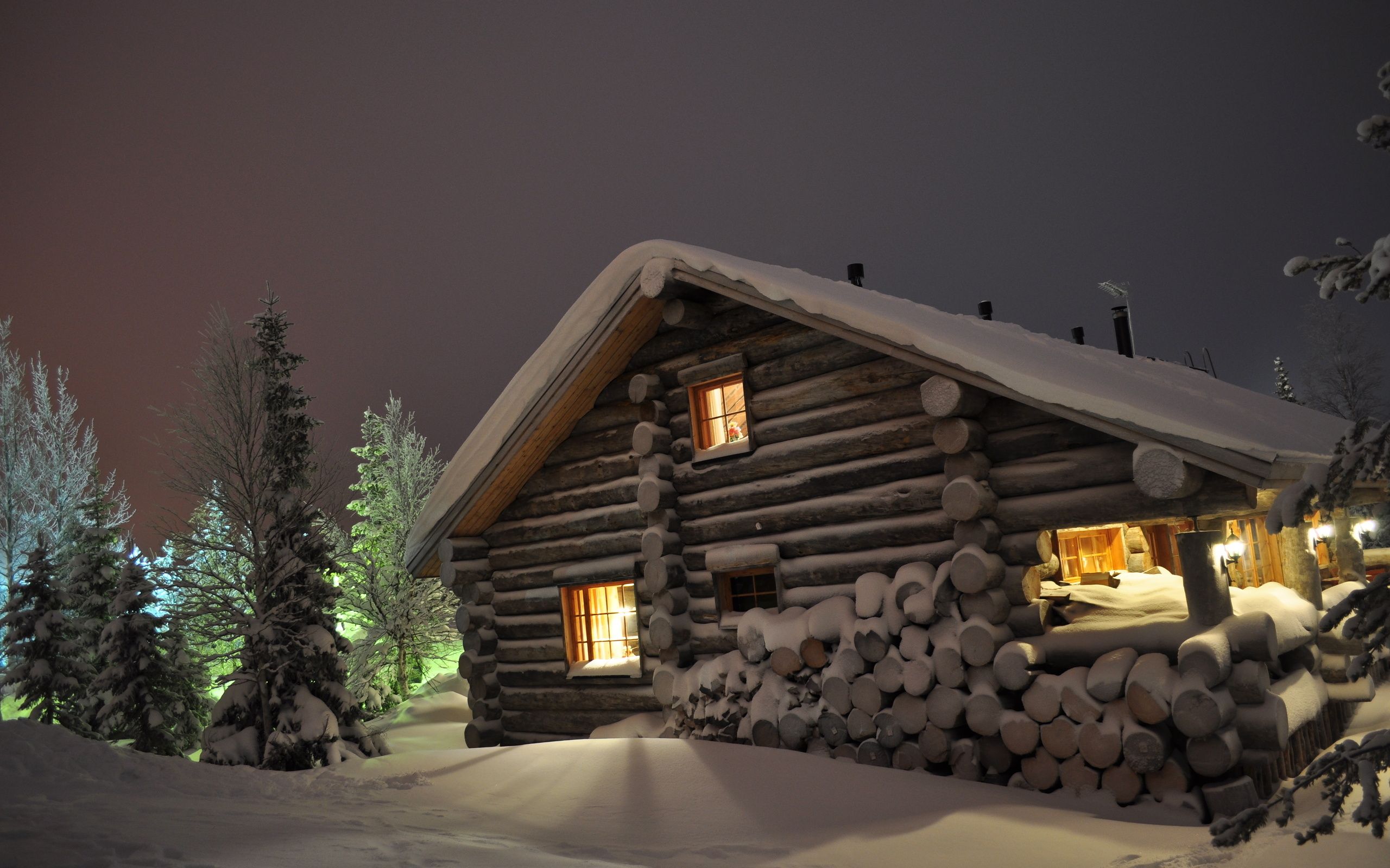 Wallpaper winter, snow drifts, log cabin, wood, night eating, winter, large 2560x1600 on the desktop, picture, 3D wallp. Winter house, Cabins and cottages, House