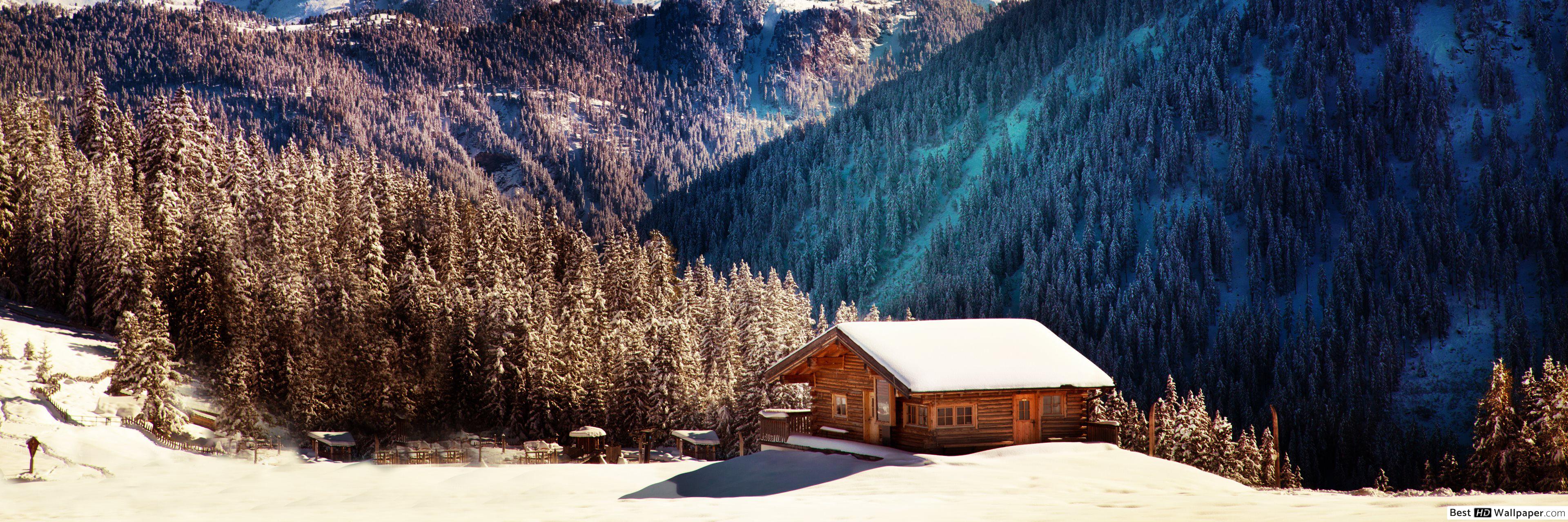 Winter log cabin HD wallpaper download