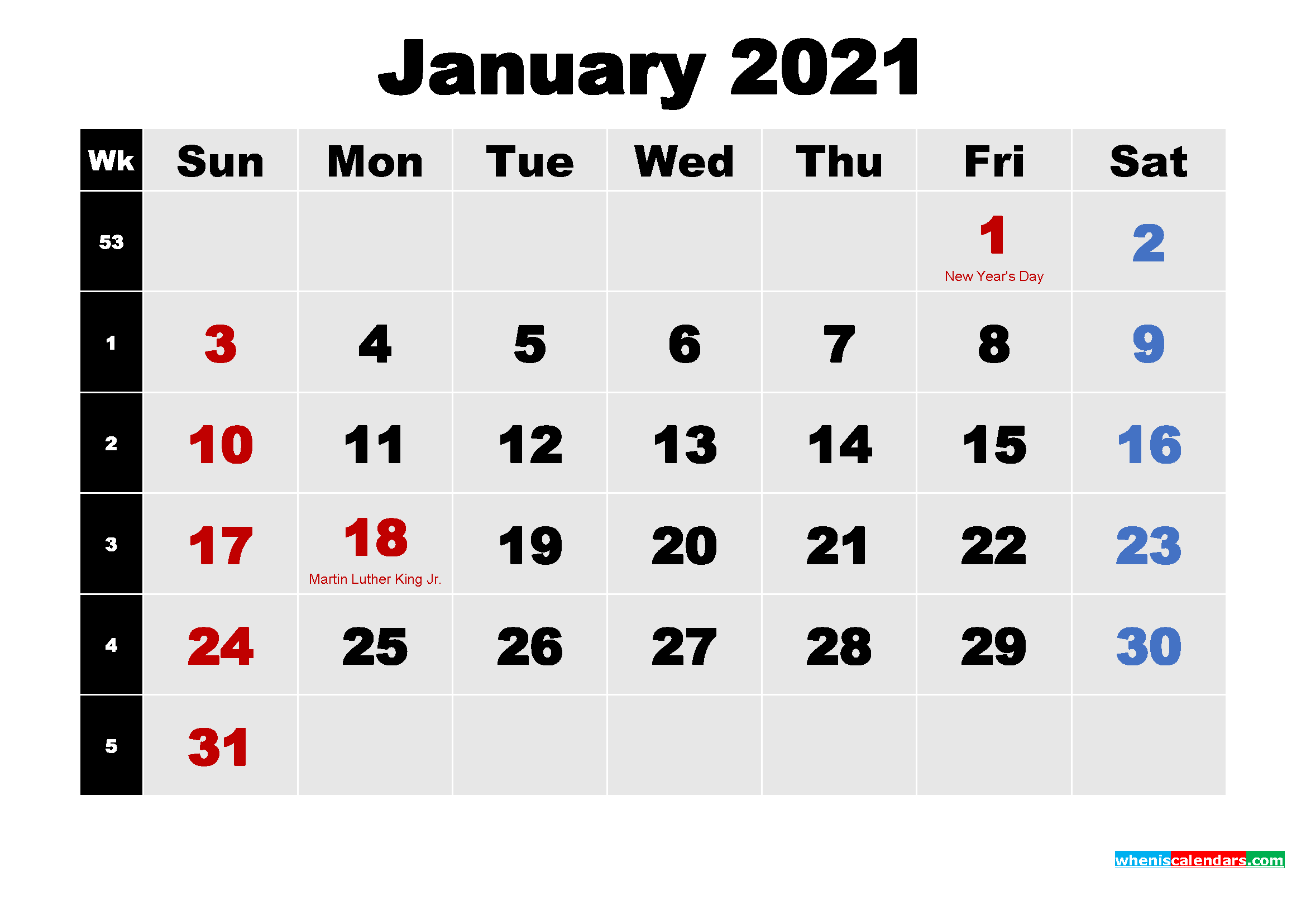 January 2021 Calendar with Holidays Wallpaper