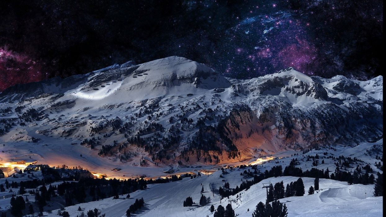 Beautiful Winter Mountain Star Tree Wallpaperx1080