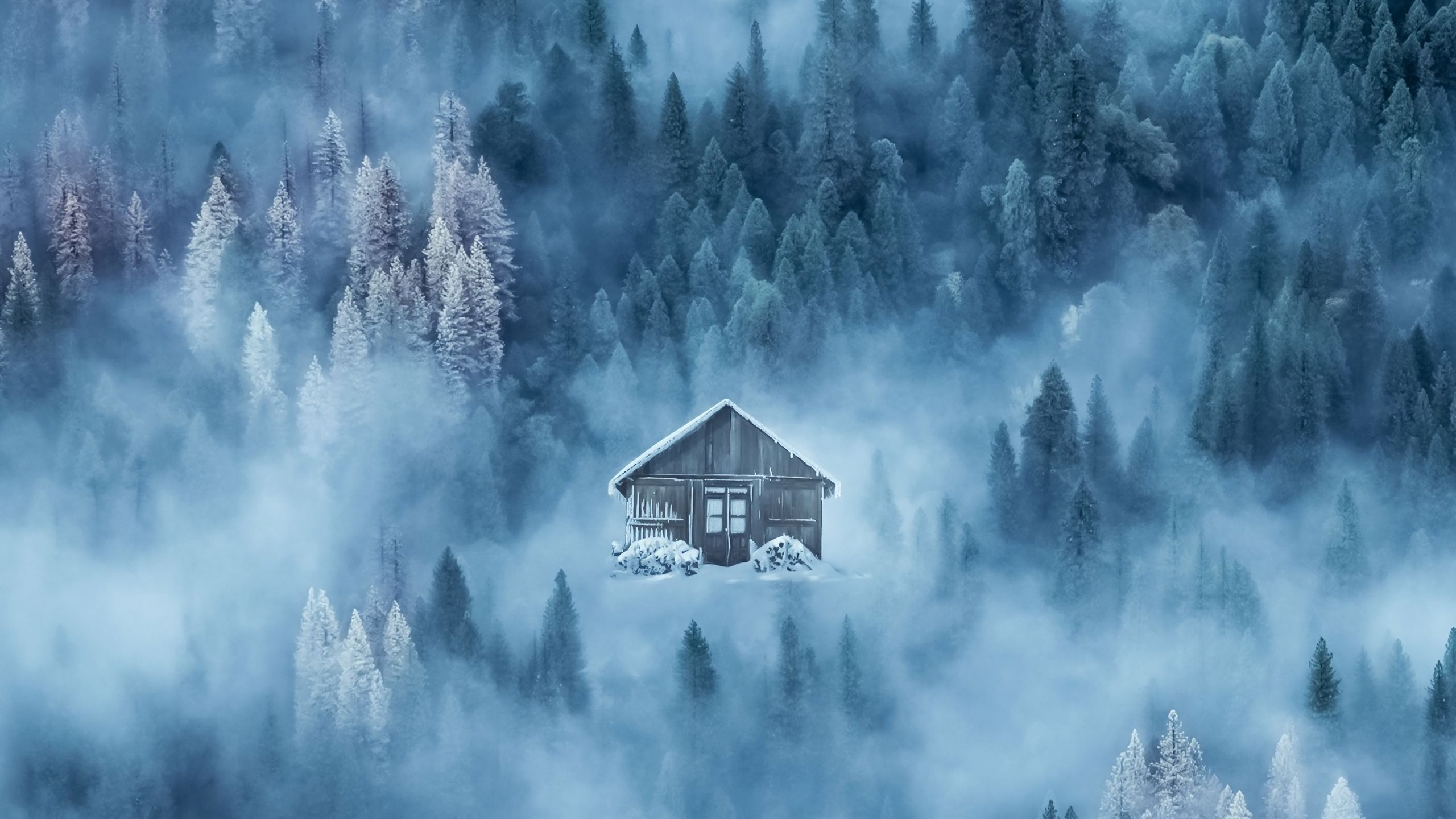 Download wallpaper 2560x1440 house, fog, snow, winter, forest widescreen 16:9 HD background