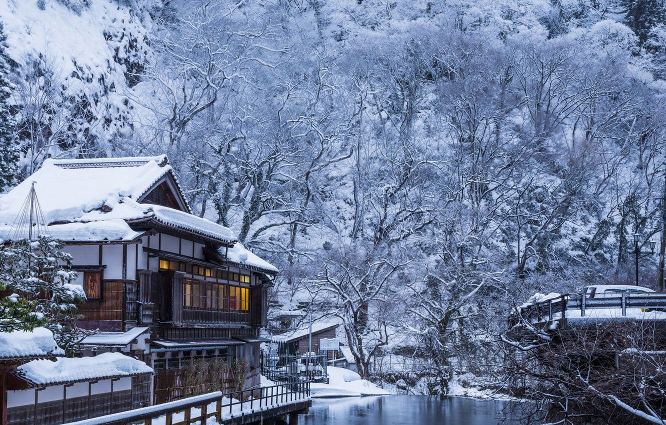 Wallpaper winter, trees, house, river, Japan, the building, Forest image for desktop, section природа