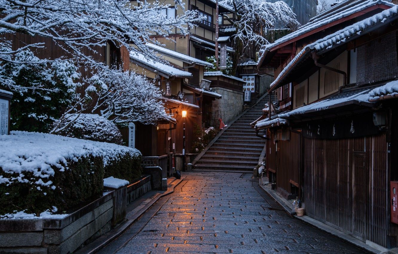 Wallpaper Home, Winter, Road, The city, Japan, Snow, Ladder, Street, Kyoto image for desktop, section город