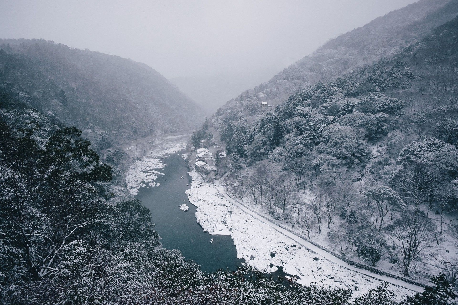 nature, Landscape, River, Winter, Mountain, Forest, Snow, Trees, Mist, Japan Wallpaper HD / Desktop and Mobile Background