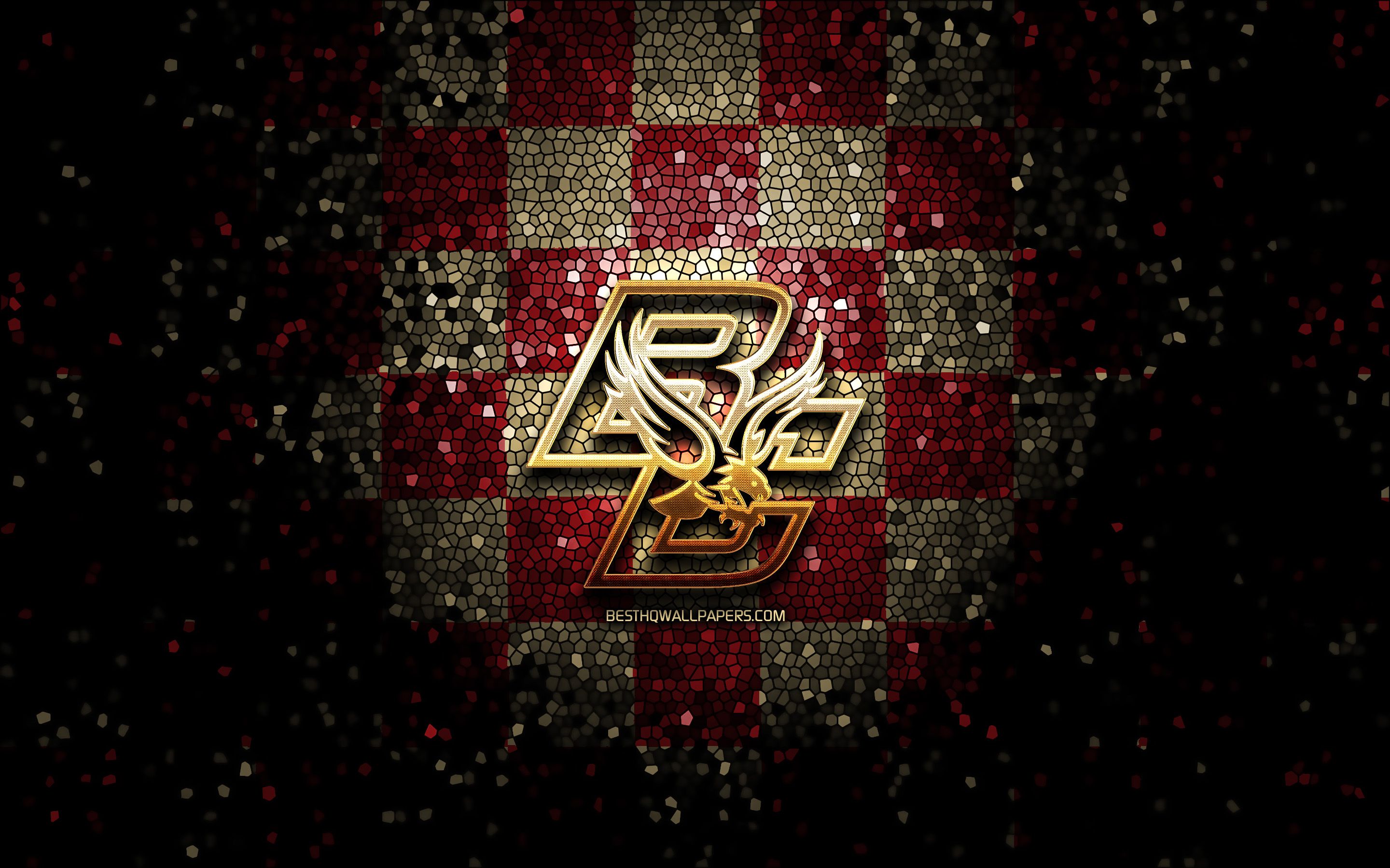 Download wallpaper Boston College Eagles, glitter logo, NCAA, purple brown checkered background, USA, american football team, Boston College Eagles logo, mosaic art, american football, America for desktop with resolution 2880x1800. High Quality