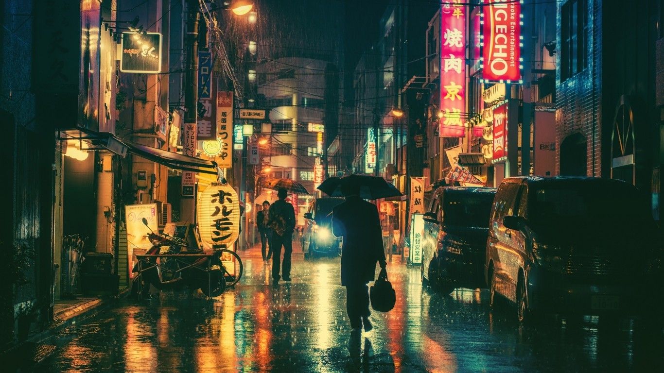 Download 1366x768 Japan, Raining, People, Buildings, Reflection, Scenic Wallpaper for Laptop, Notebook