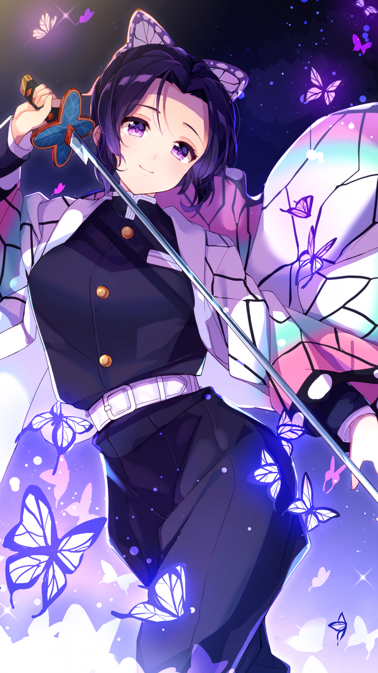 Download 750x1334 Kimetsu No Yaiba, Kochou Shinobu, Demon Slayer, Smiling, Katana, Butterflies Wallpaper for iPhone iPhone 6