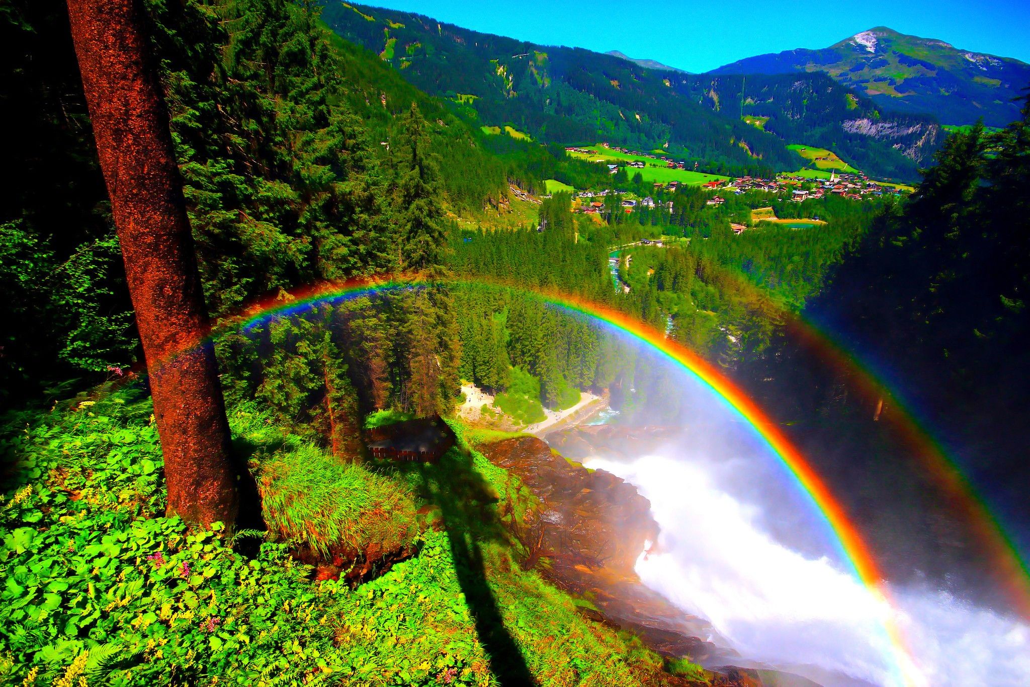 Earth Forest Landscape Mountain Rainbow Tree Valley Waterfall Wallpaper:2048x1365