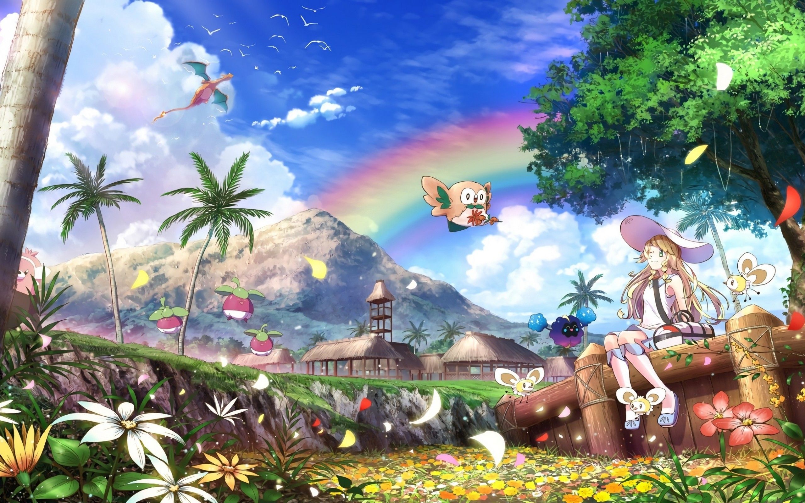 Download 2560x1600 Pokemon, Lillie, Rainbow, Nature, Clouds, Charizard, Flowers, Tree Wallpaper for MacBook Pro 13 inch
