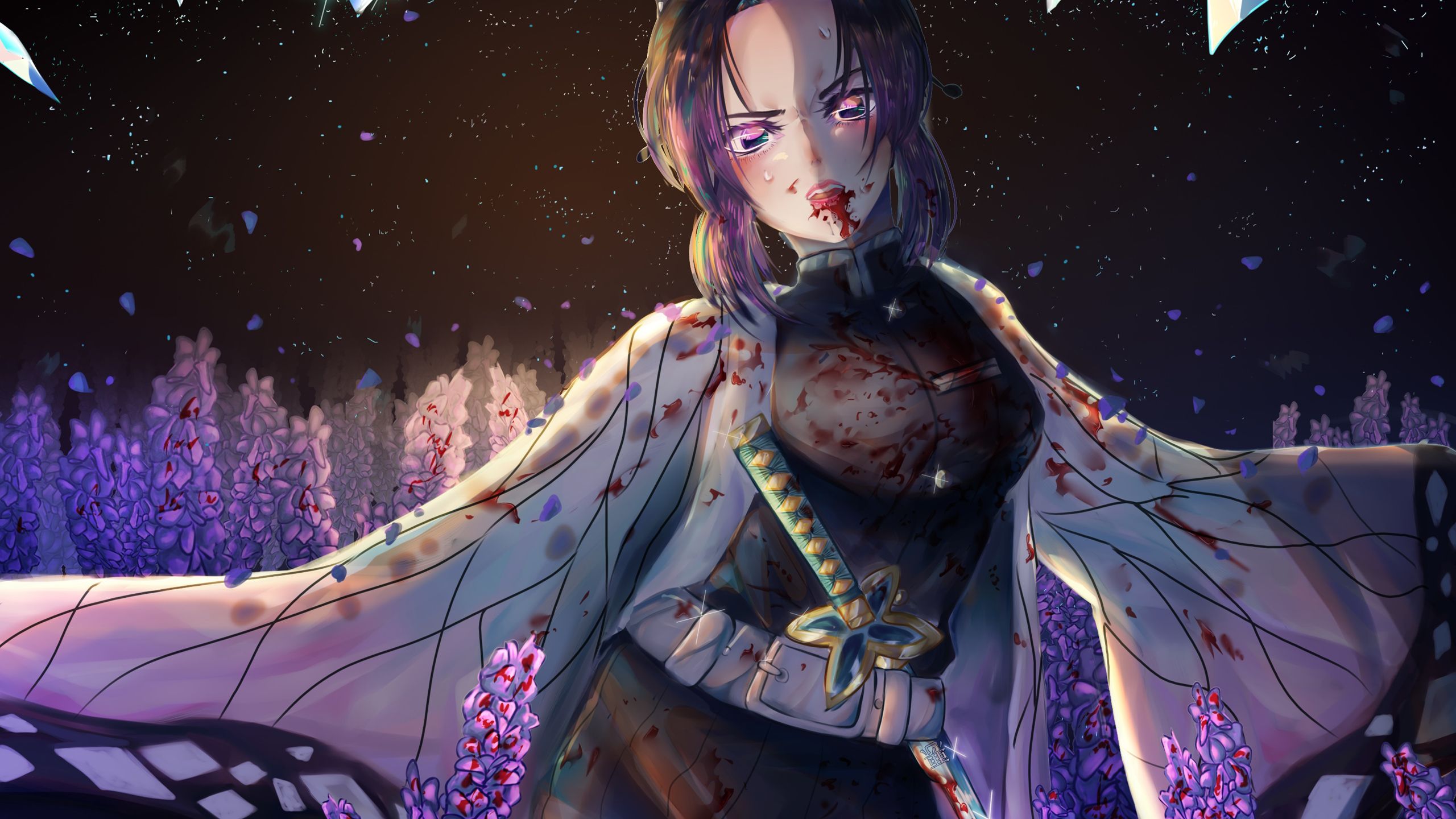 Demon Slayer Shinobu Kochou Standing Around Purple Flowers With Background Of Dark Sky And Stars During Night Time HD Anime Wallpaper