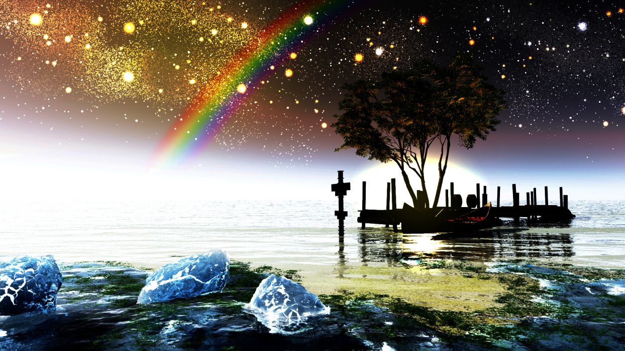 Original Boat Landscape Original Rainbow Scenic Sky Stars Tree Water Y K Wallpaperx1080
