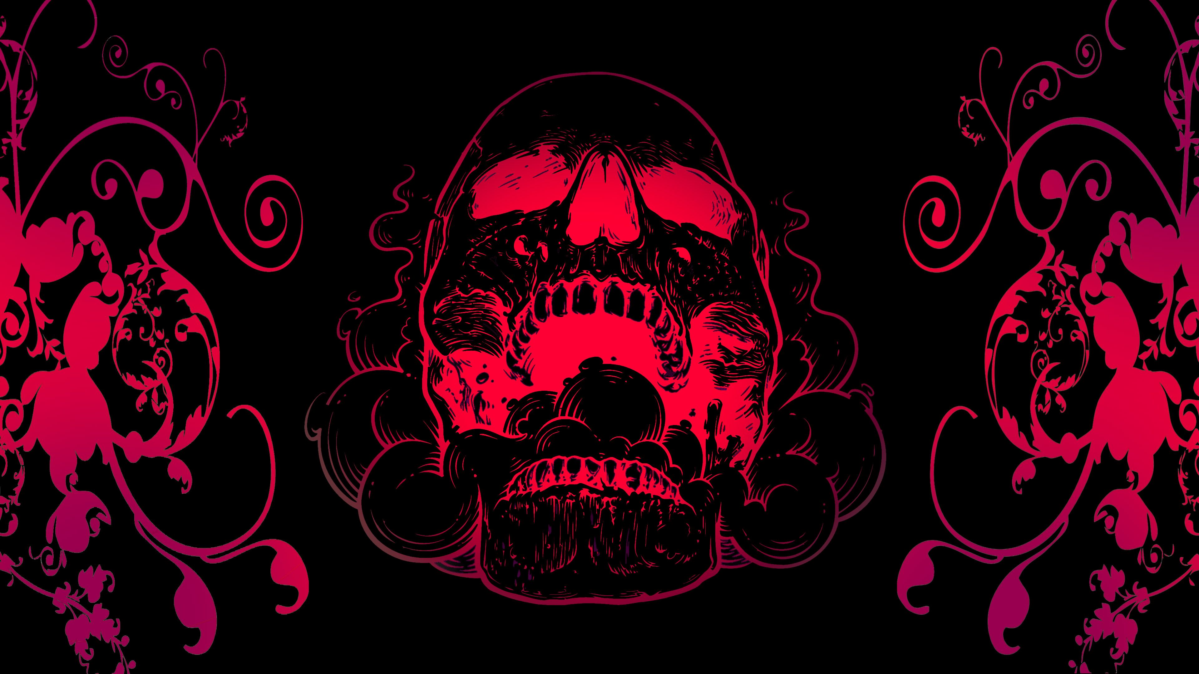 Red Skull Flowers Black Background 4k, HD Artist, 4k Wallpaper, Image, Background, Photo and Picture