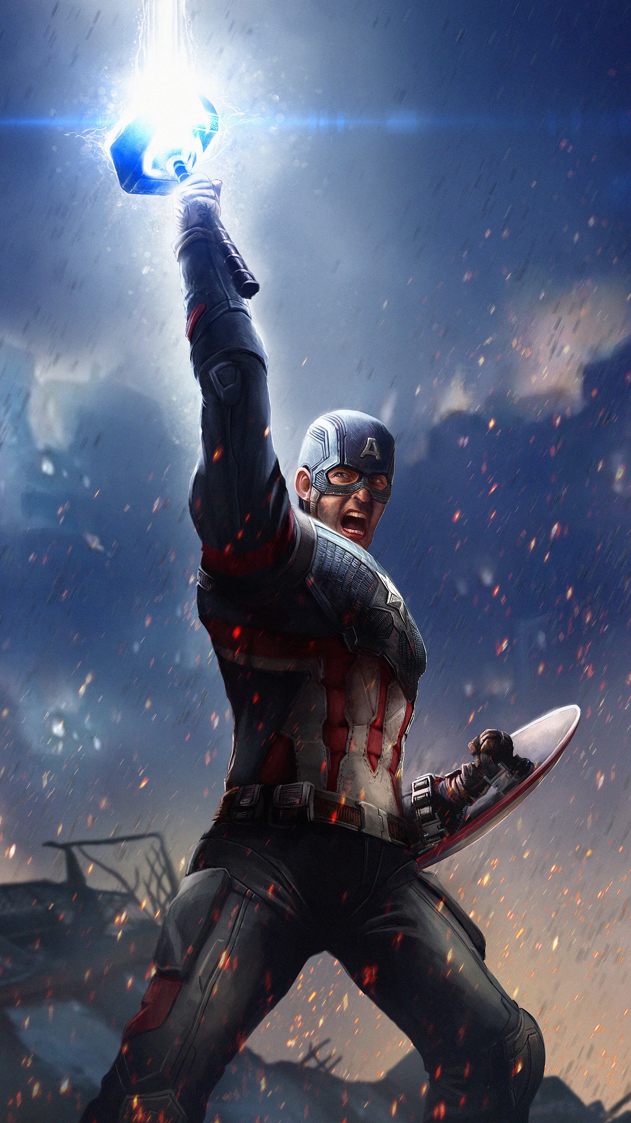 Captain America, Mjolnir, Hammer, Lightning, Avengers Endgame, 4K phone HD Wallpaper, Image, Background, Photo and Picture