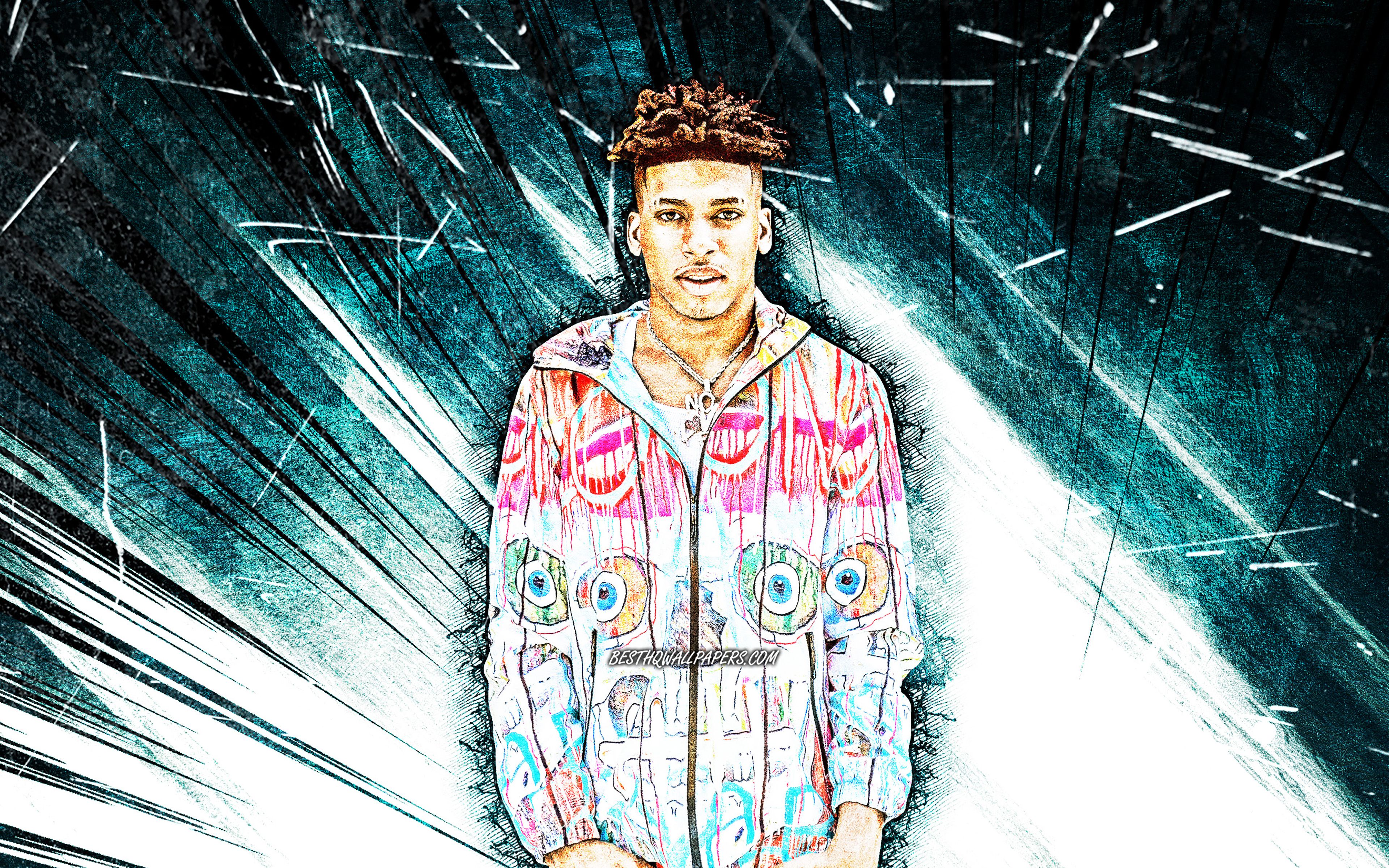 Download wallpaper 4k, NLE Choppa, grunge art, american rapper, music stars, Bryson Lashun Potts, american celebrity, blue abstract rays, NLE Choppa 4K for desktop with resolution 3840x2400. High Quality HD picture wallpaper