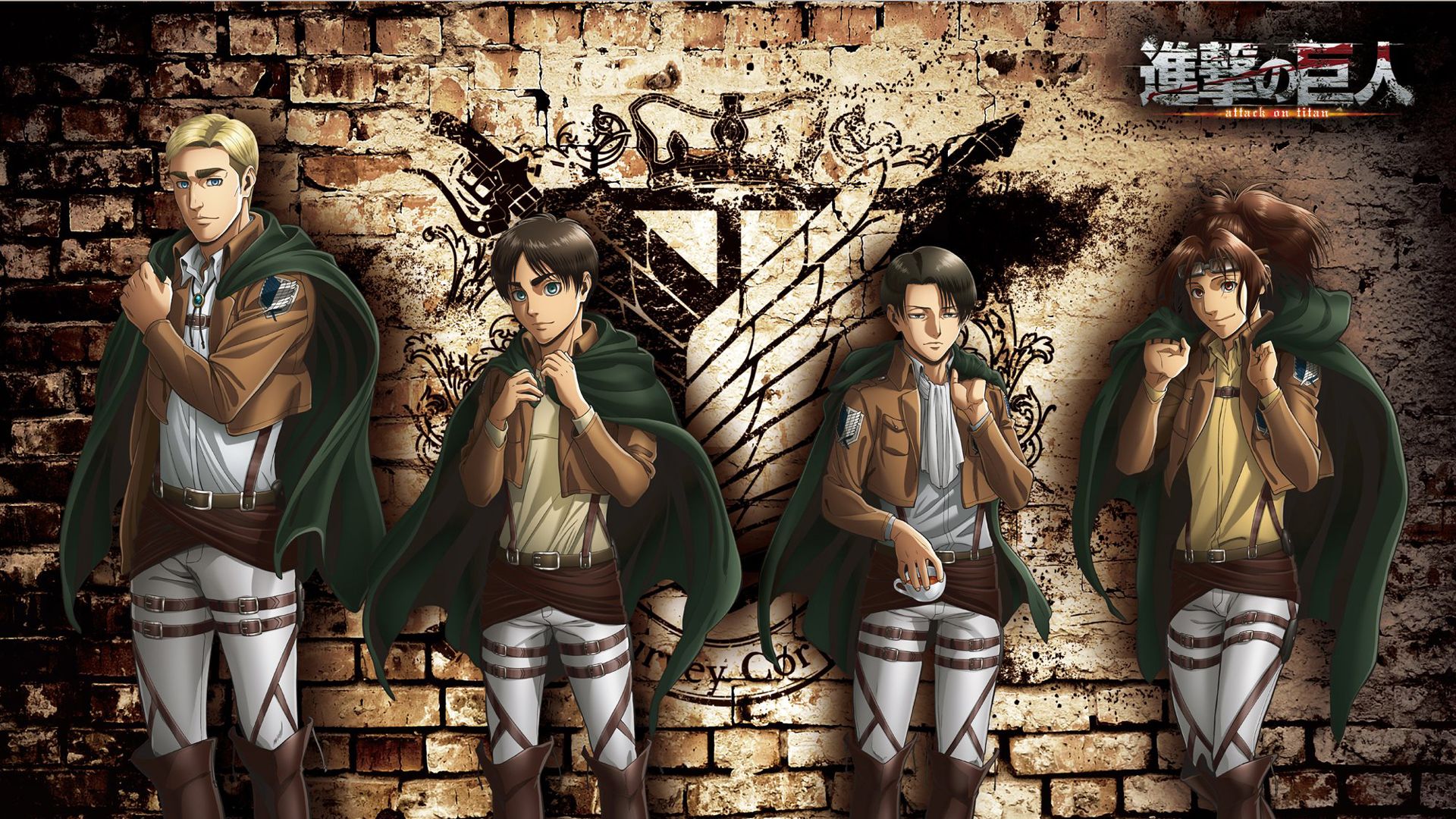 Attack Of Titan Eren Yeager Erwin Smith Hange Zoe Levi Ackerman All With Green Scarf With Background Of Wings Of Freedom On Wall HD Anime Wallpaper