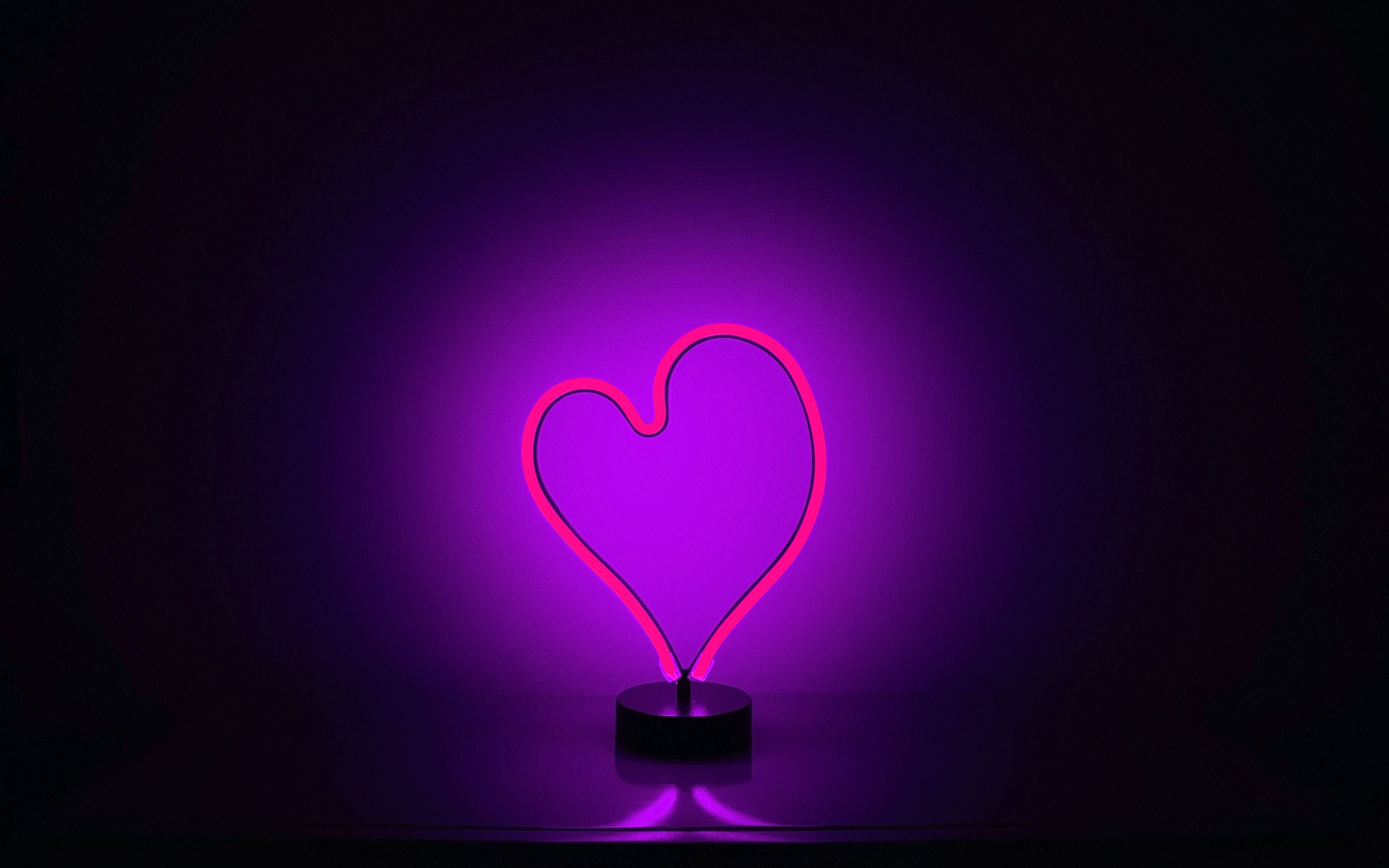 Download 3840x2400 wallpapers love, heart, neon, purple light, minimal, 4k,...