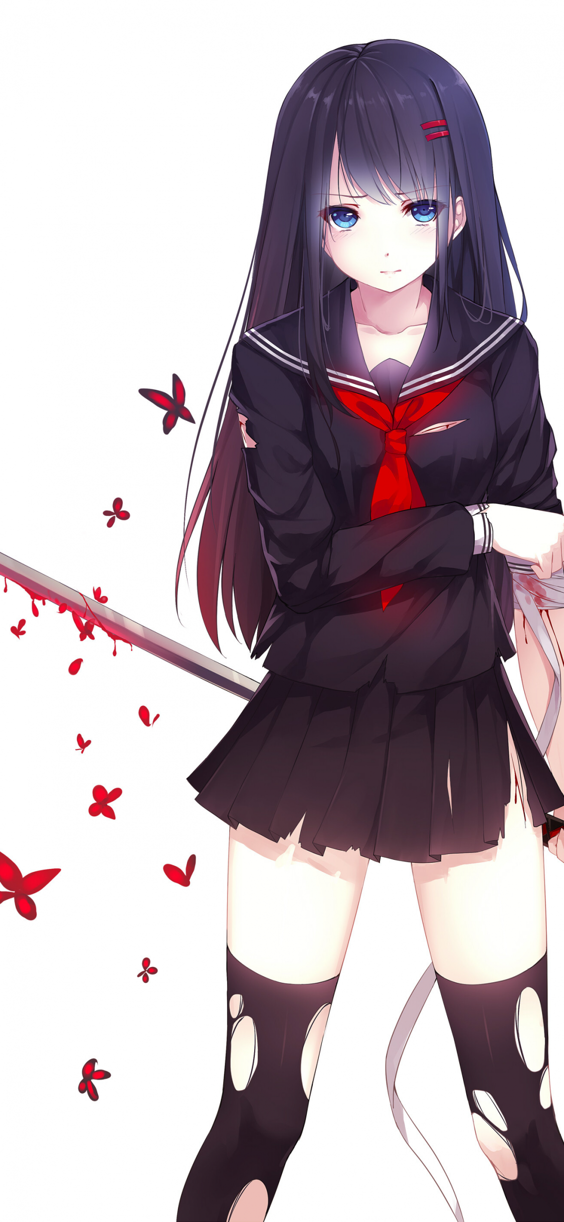 Download 1125x2436 Anime Girl, Katana, Fighter, School Uniform, Bandages Wallpaper for iPhone 11 Pro & X