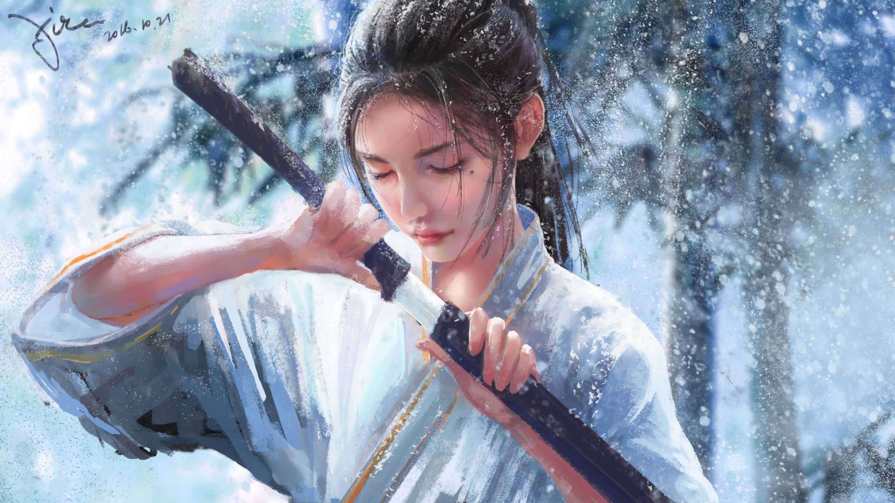 woman holding katana sword painting #women #samurai #katana #artwork #snowing fan art K #wallpaper #hdwallpaper #desktop. Samurai, Pejuang wanita, Katana