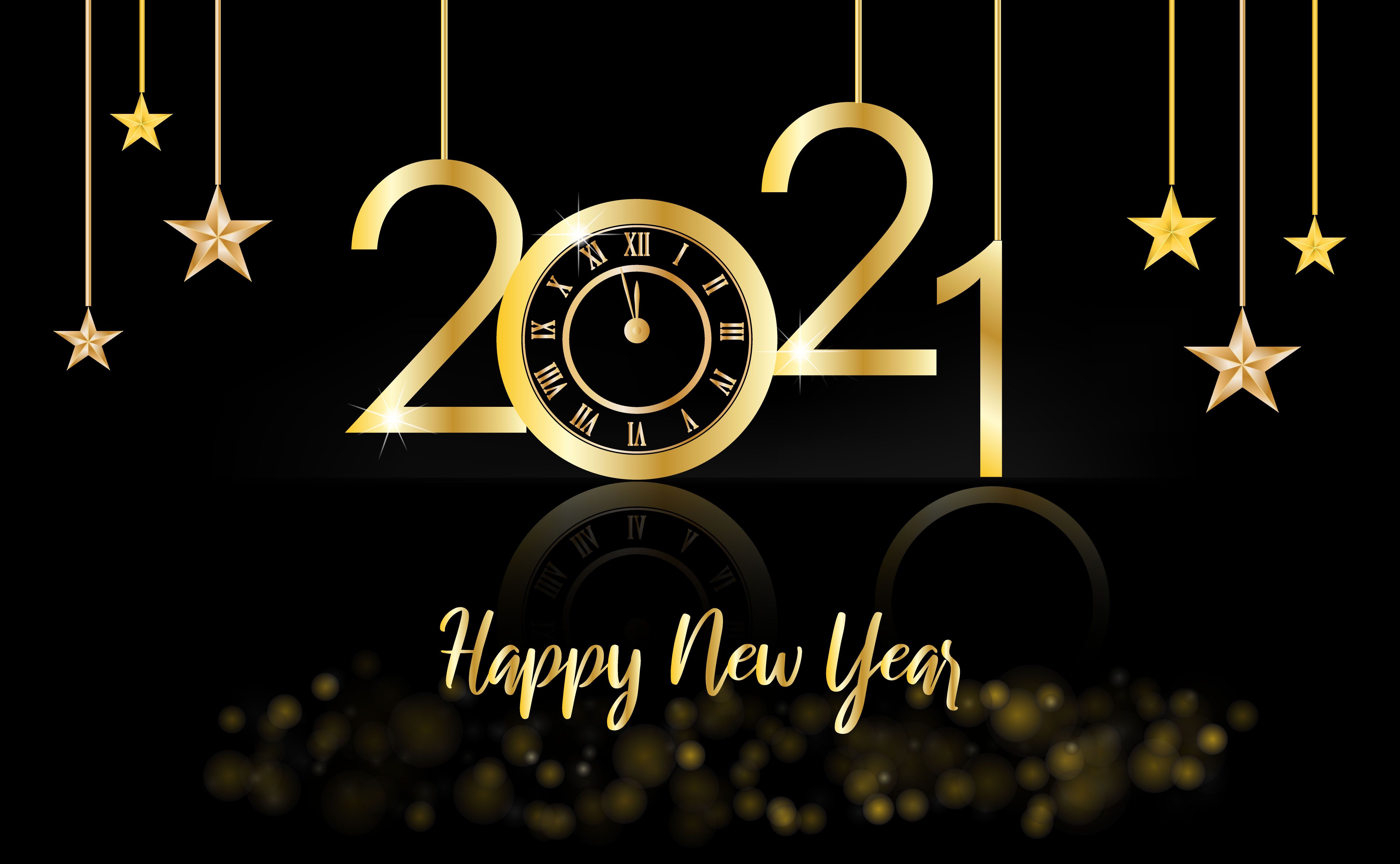 Happy New Year, 2021 gold and black background with a clock and stars Free Vectors, Clipart Graphics & Vector Art