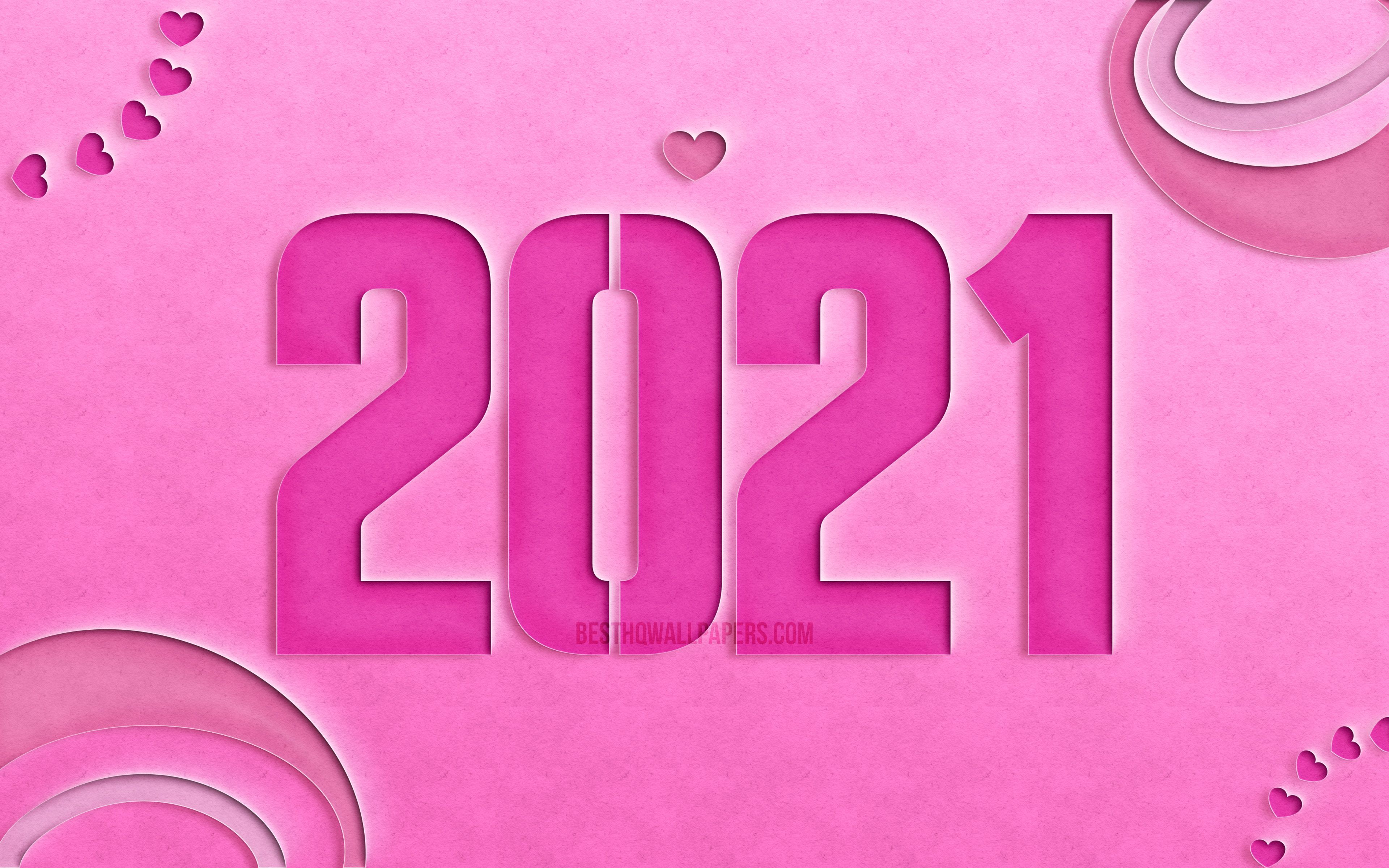Download wallpaper 2021 new year, 4k, New Year Love creative, 2021 pink cut digits, 2021 concepts, 2021 on pink background, 2021 year digits, Happy New Year 2021 for desktop with resolution 3840x2400. High Quality HD picture wallpaper